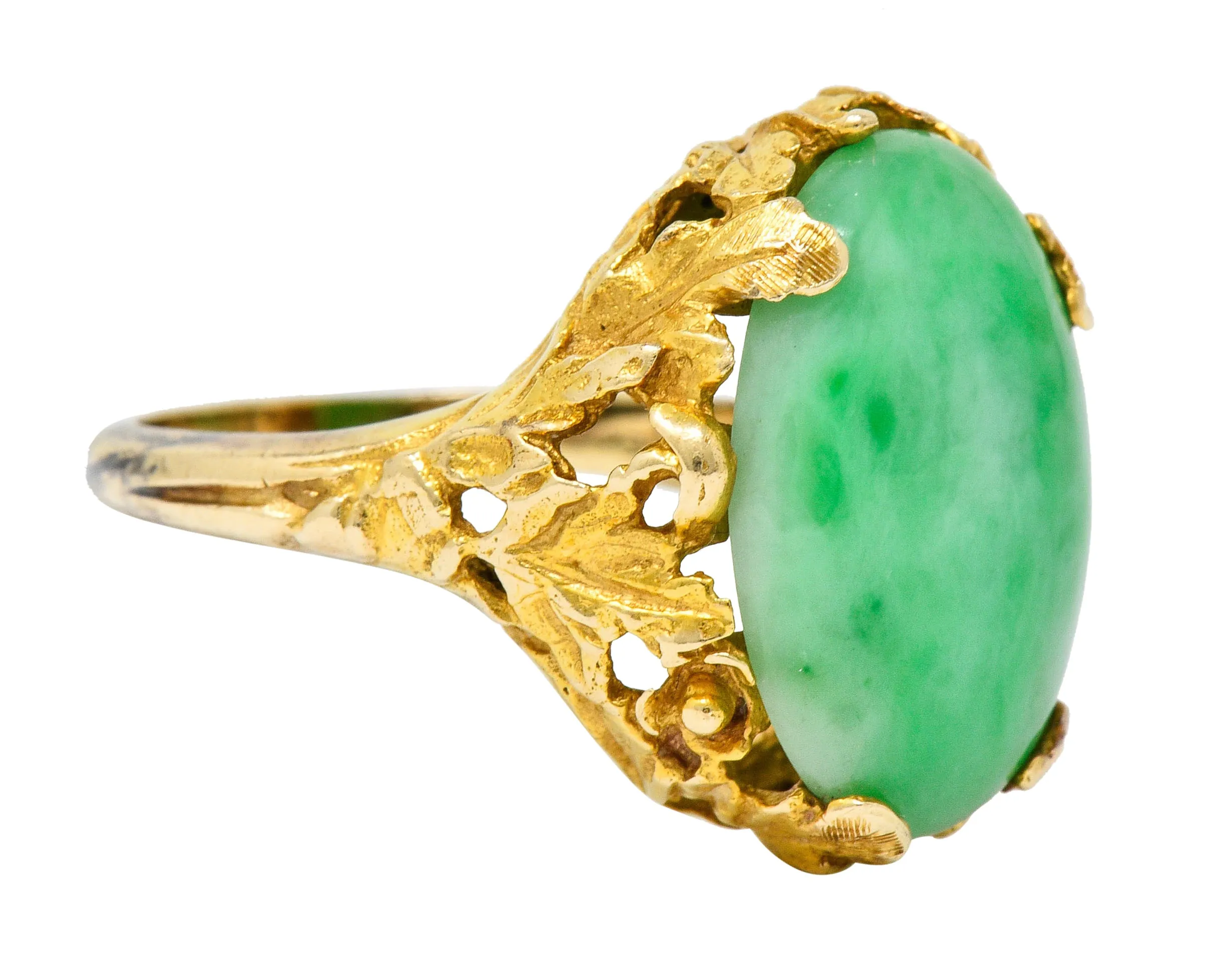 Arts & Crafts Jade 14 Karat Gold Floral & Foliate Ring