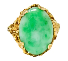 Arts & Crafts Jade 14 Karat Gold Floral & Foliate Ring