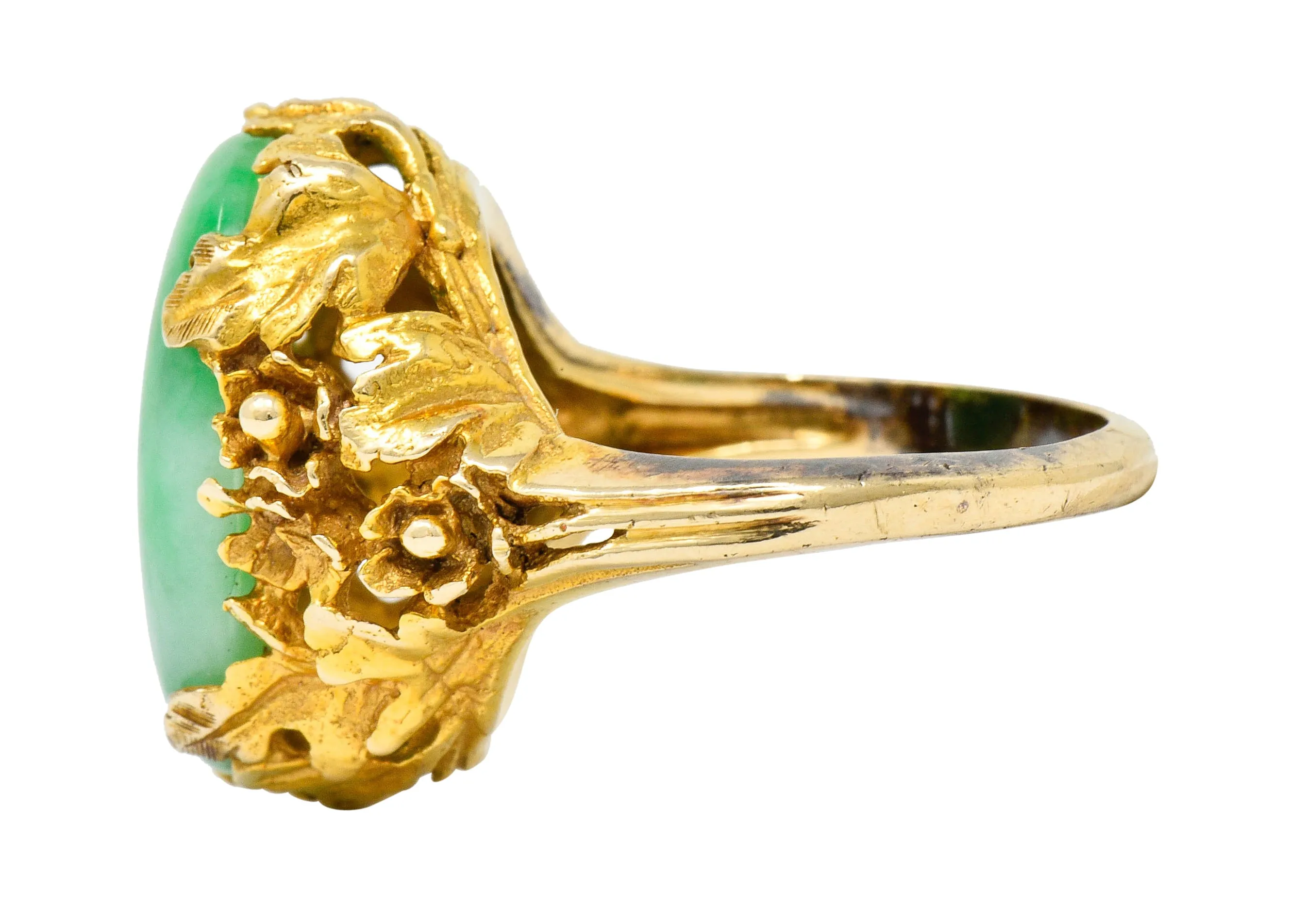 Arts & Crafts Jade 14 Karat Gold Floral & Foliate Ring