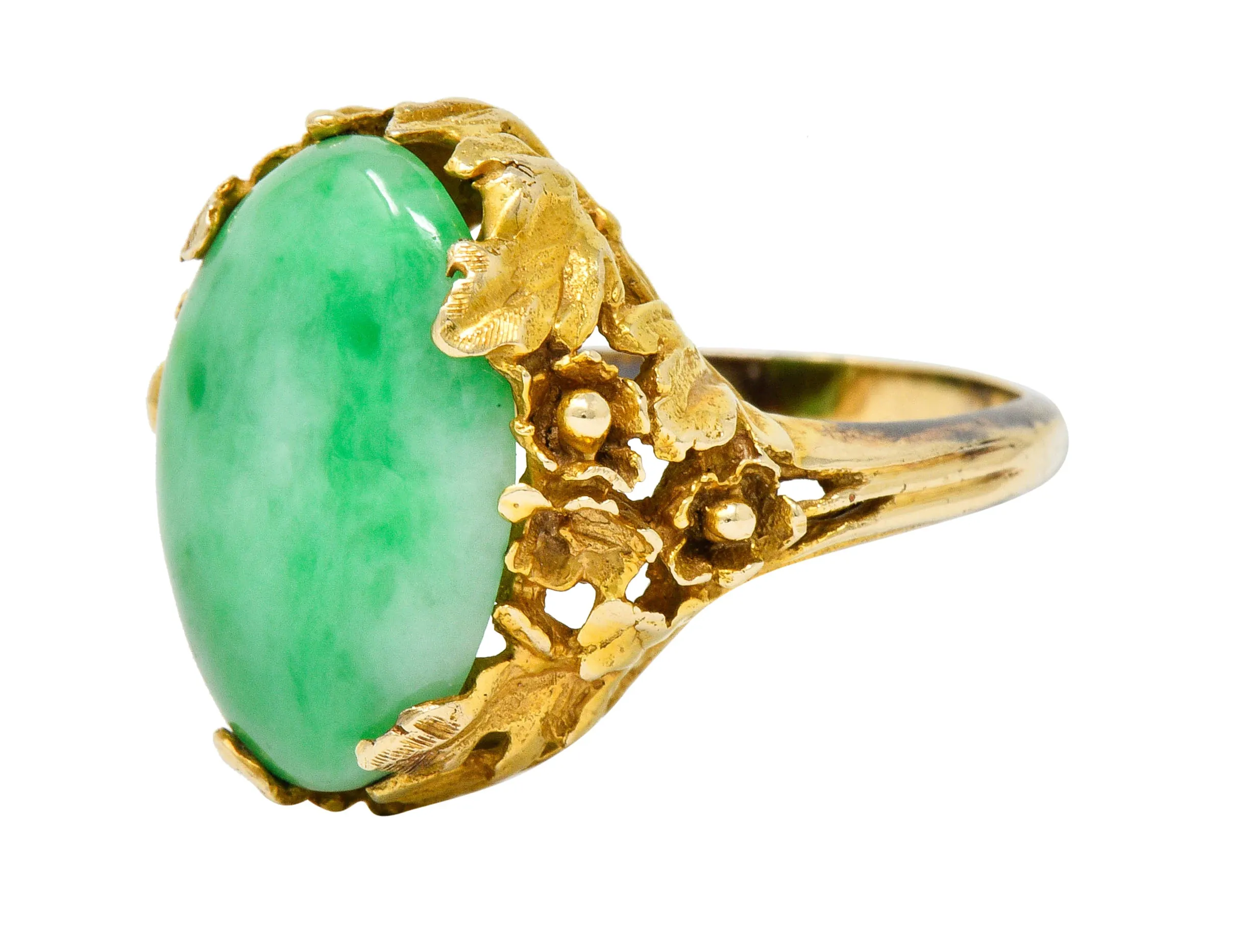 Arts & Crafts Jade 14 Karat Gold Floral & Foliate Ring