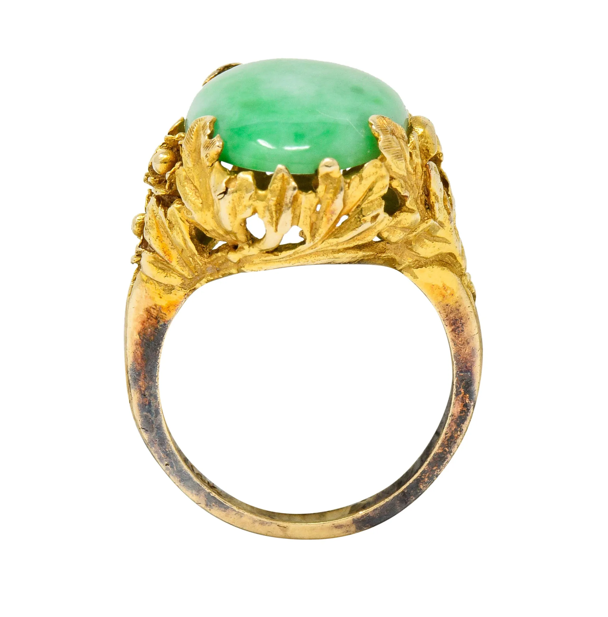 Arts & Crafts Jade 14 Karat Gold Floral & Foliate Ring