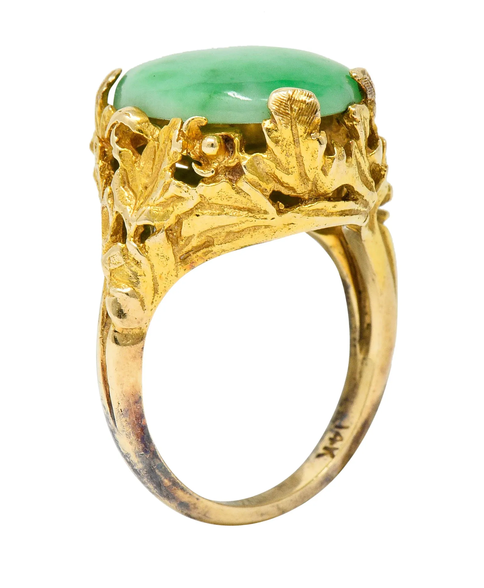 Arts & Crafts Jade 14 Karat Gold Floral & Foliate Ring