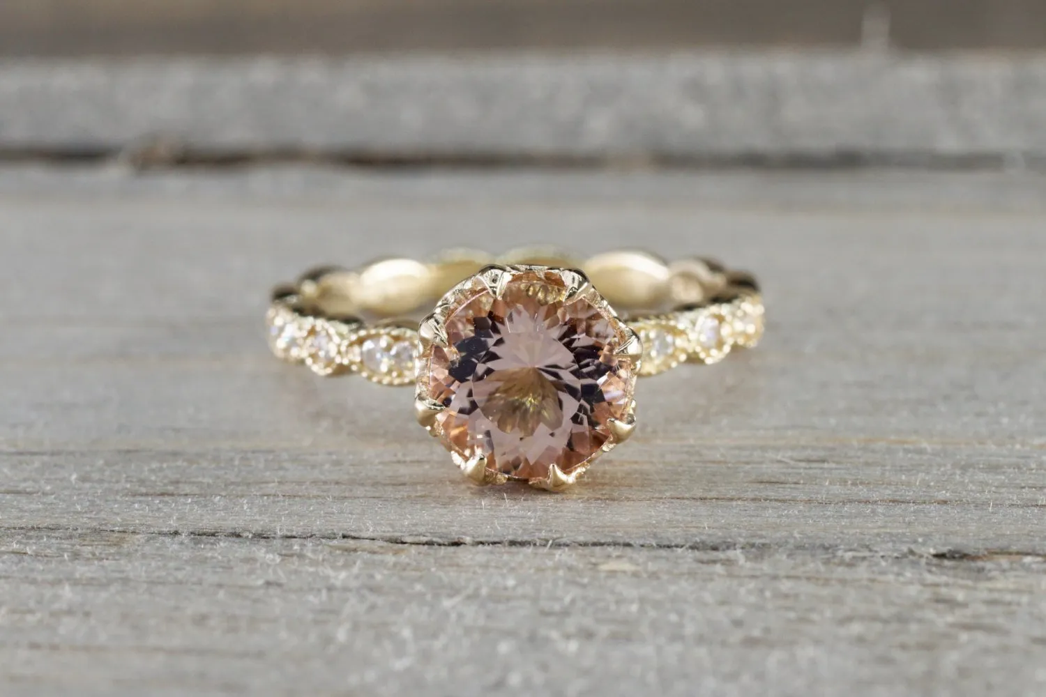 BelAir 14k Yellow Gold Round 7mm Morganite Pinkish Engagement Ring Crown Vintage Design Diamonds