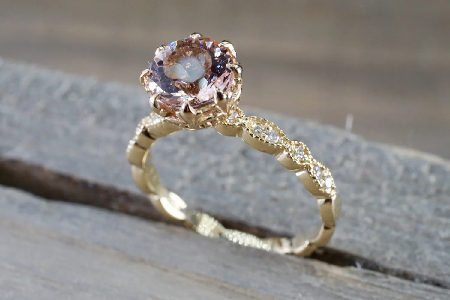 BelAir 14k Yellow Gold Round 7mm Morganite Pinkish Engagement Ring Crown Vintage Design Diamonds