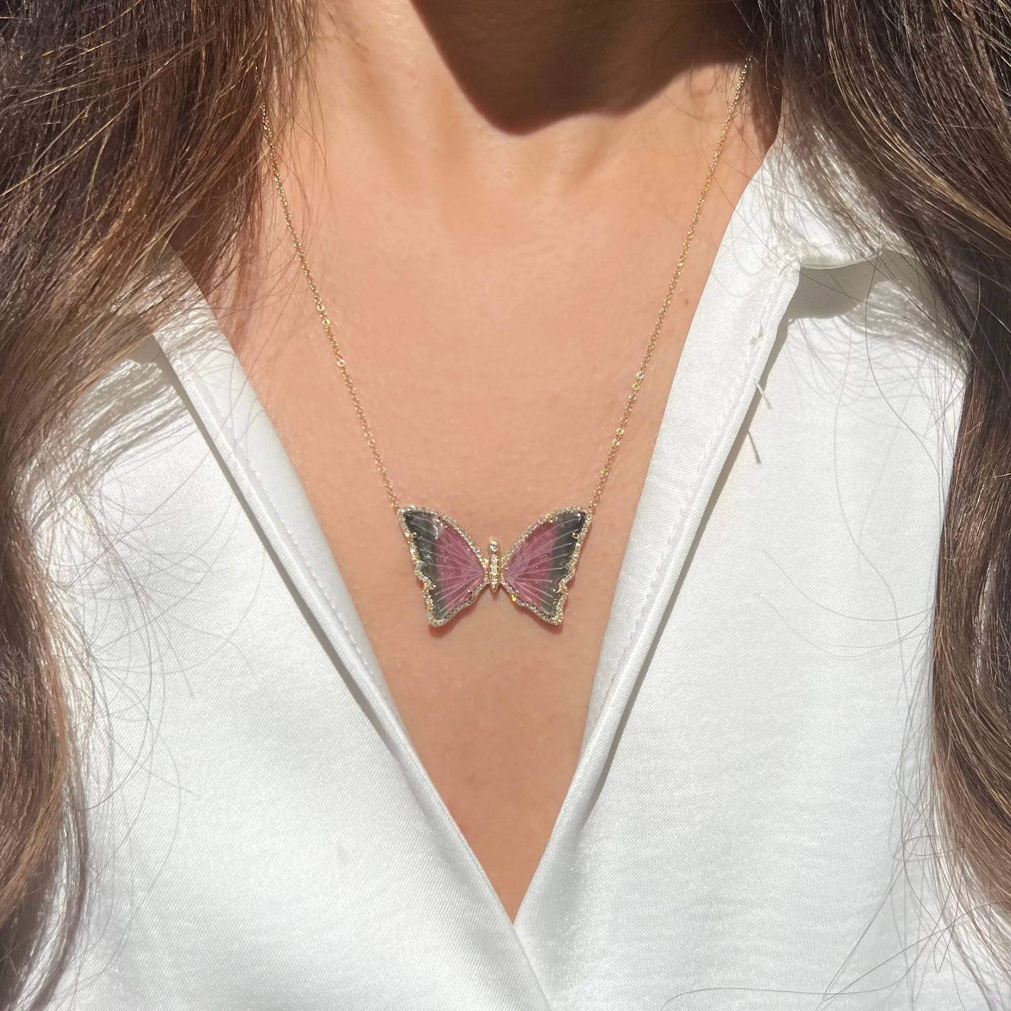 Bicolor Deep Watermelon Tourmaline Butterfly Necklace with Diamonds