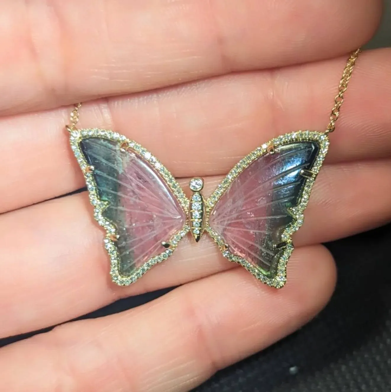 Bicolor Deep Watermelon Tourmaline Butterfly Necklace with Diamonds