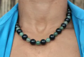 Black Onyx and Green Jade Aventurine Beaded Necklace 19 inch