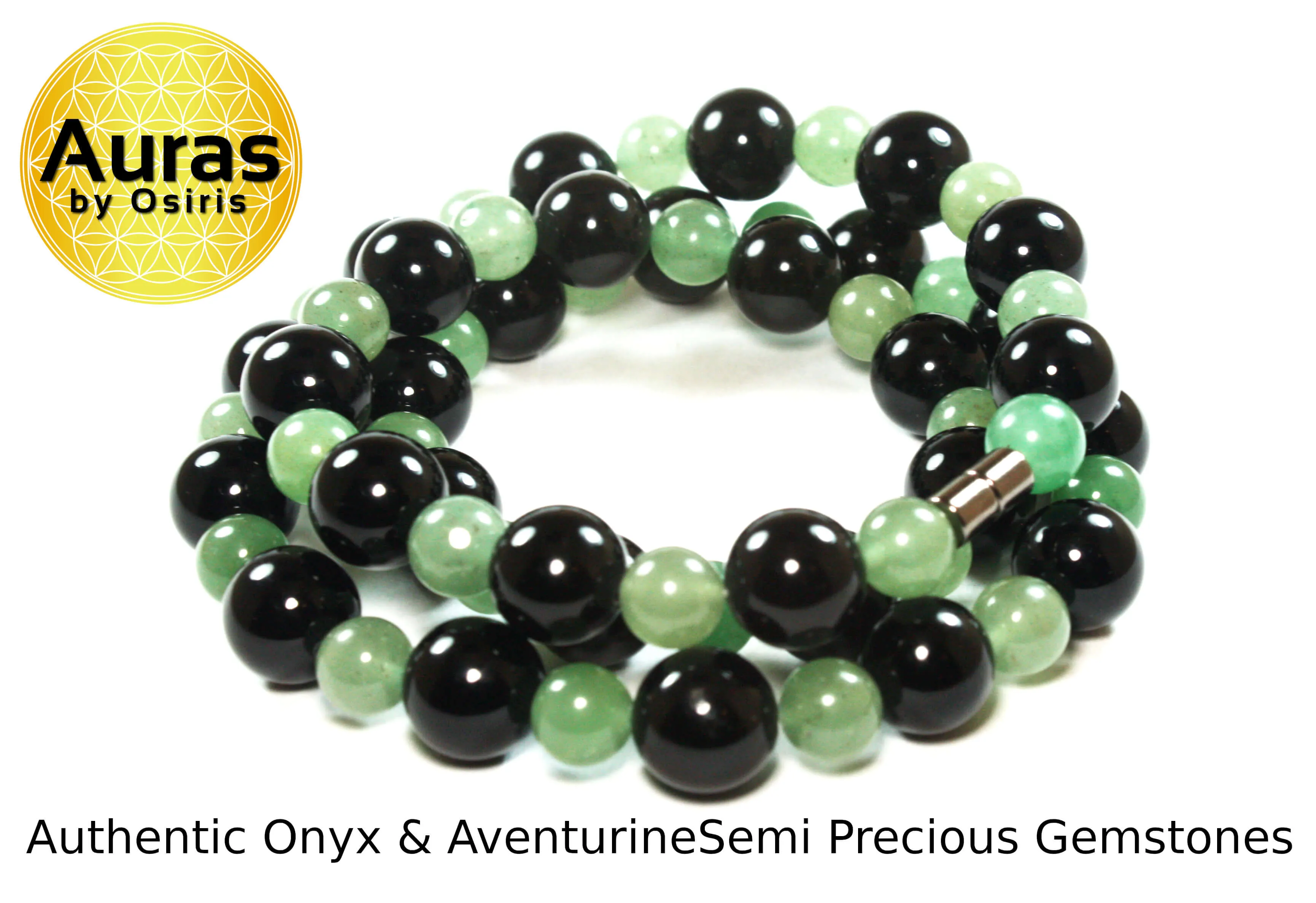 Black Onyx and Green Jade Aventurine Beaded Necklace 24 inch