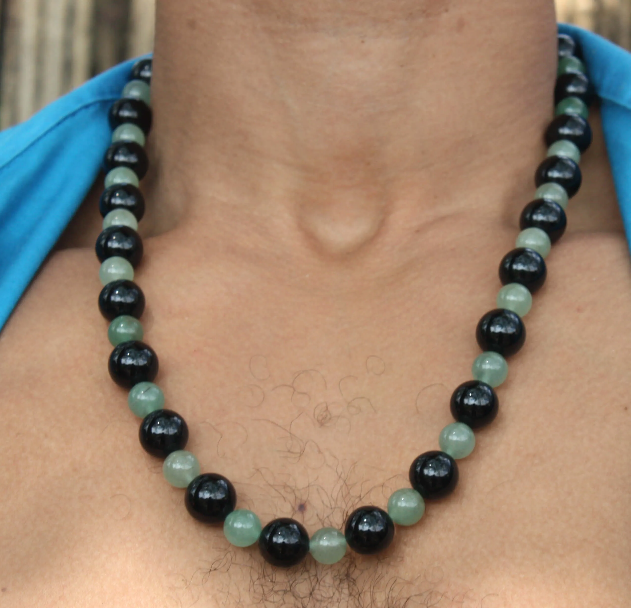 Black Onyx and Green Jade Aventurine Beaded Necklace 30 inch