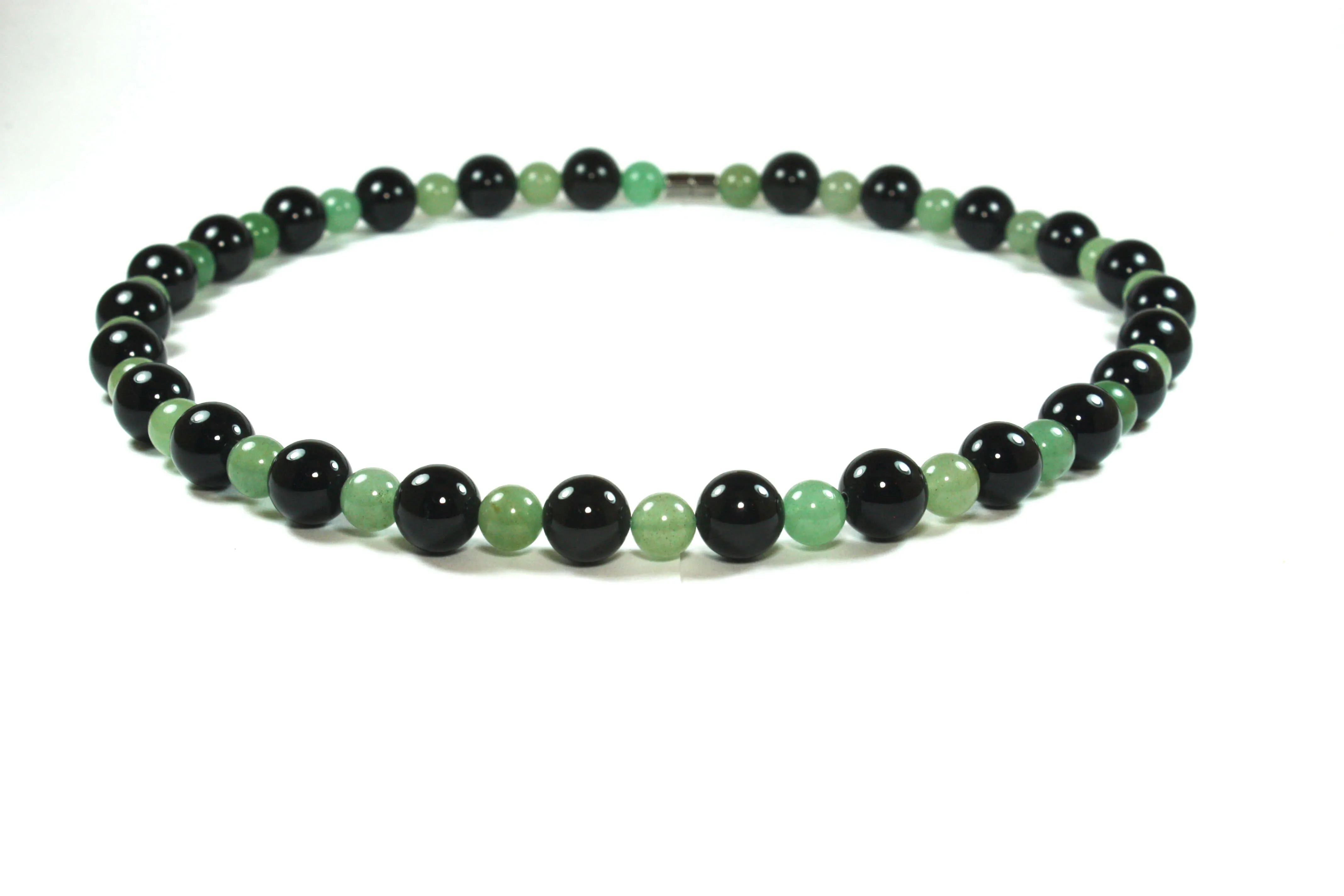 Black Onyx and Green Jade Aventurine Beaded Necklace 30 inch