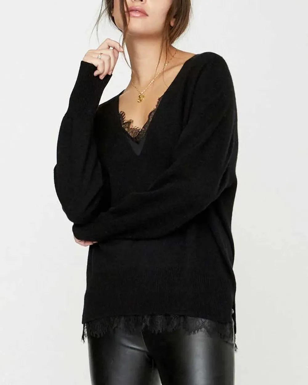 Black Onyx Lace Layered Vee Pullover