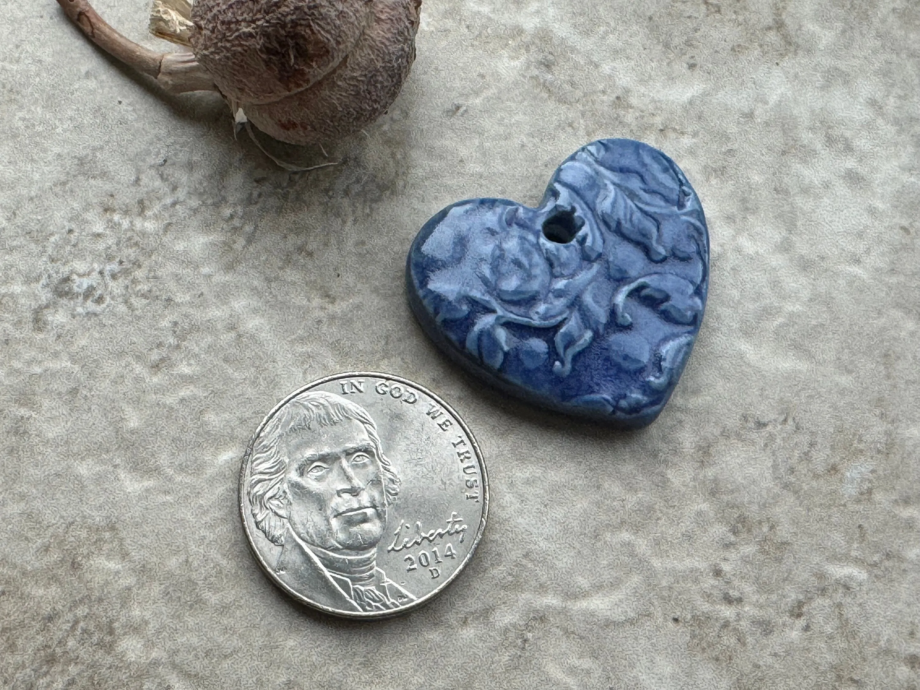 Blue Heart Pendant, Floral Pattern, Heart Pendant, Porcelain Ceramic Pendant, Artisan Pendant, Jewelry Making Components