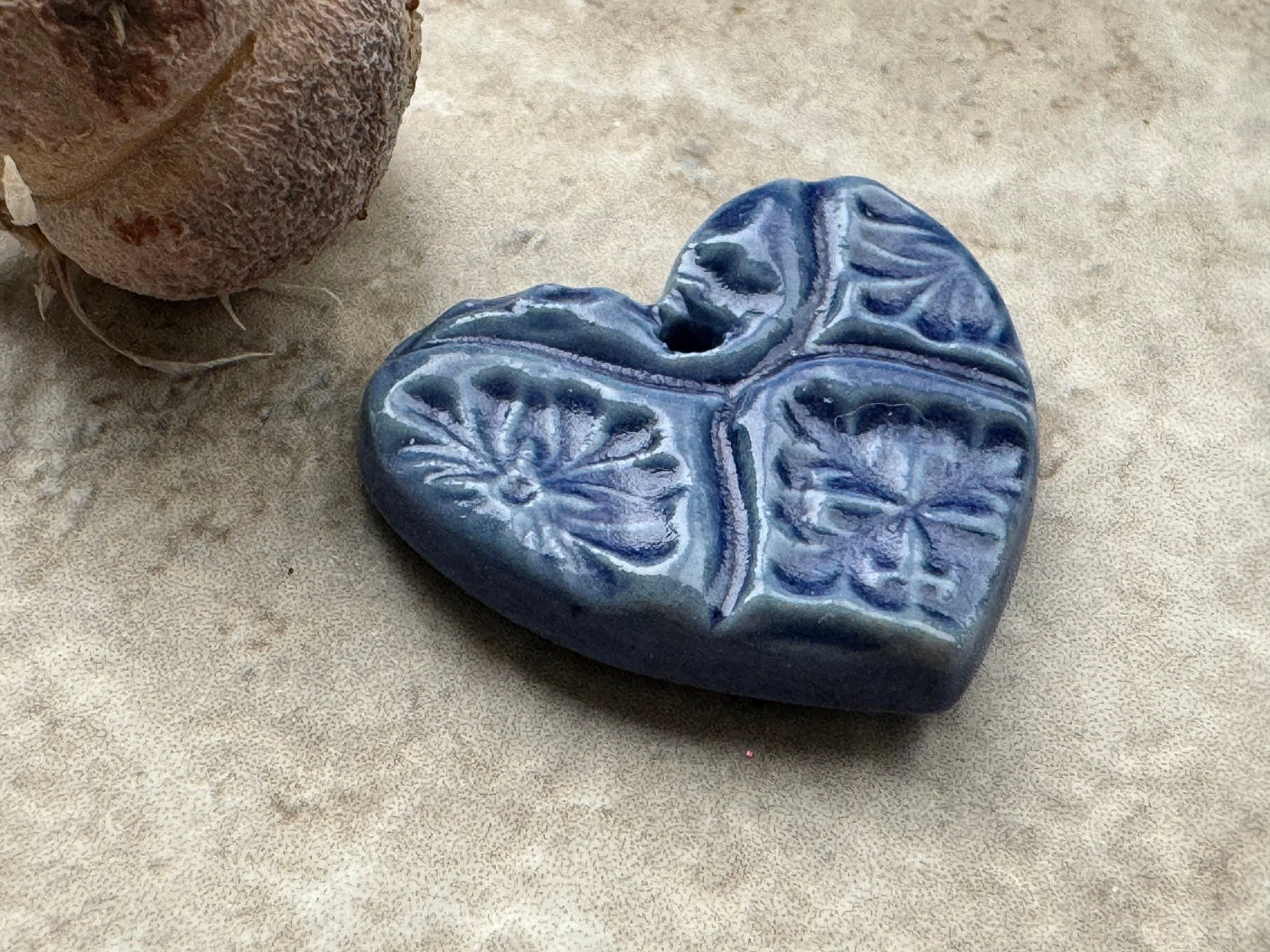 Blue Heart Pendant, Talavera Tile Pattern, Heart Pendant, Porcelain Ceramic Pendant, Artisan Pendant, Jewelry Making Components