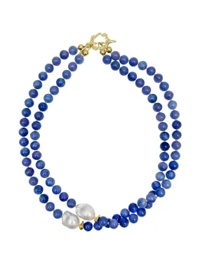 Blue Jade with Baroque Pearls Double Layers Necklace LN034