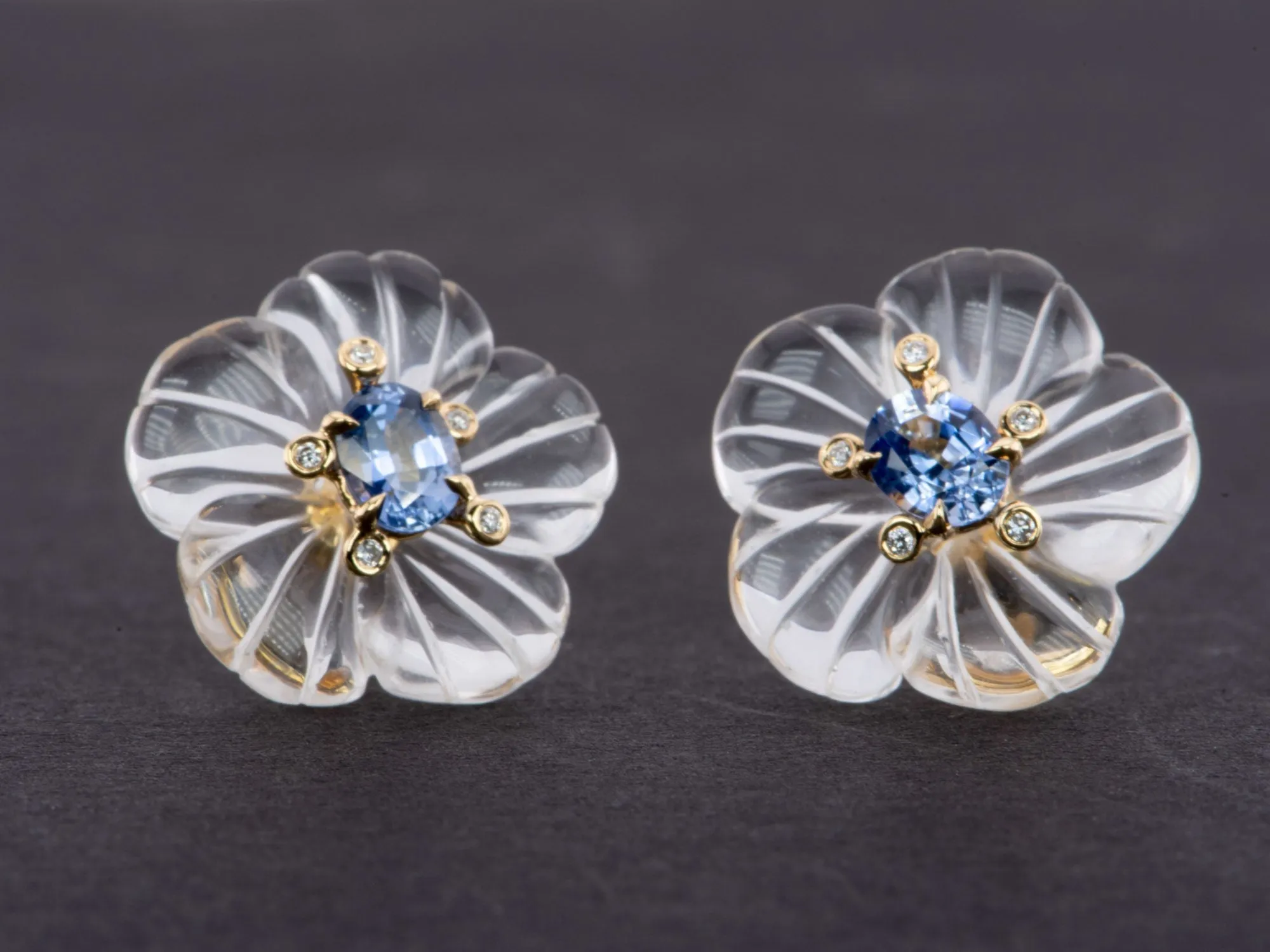 Blue Sapphire and Diamond 18K Gold Earrings Carved Crystal Floral Base R3209