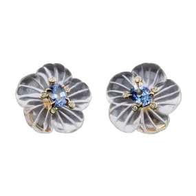 Blue Sapphire and Diamond 18K Gold Earrings Carved Crystal Floral Base R3209