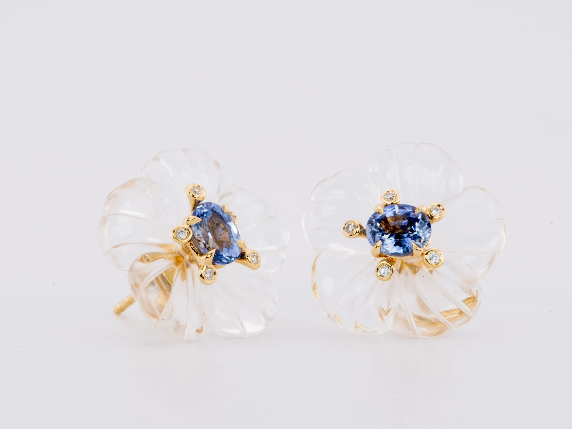 Blue Sapphire and Diamond 18K Gold Earrings Carved Crystal Floral Base R3209