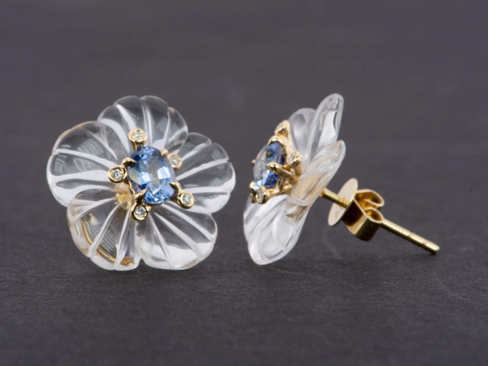 Blue Sapphire and Diamond 18K Gold Earrings Carved Crystal Floral Base R3209