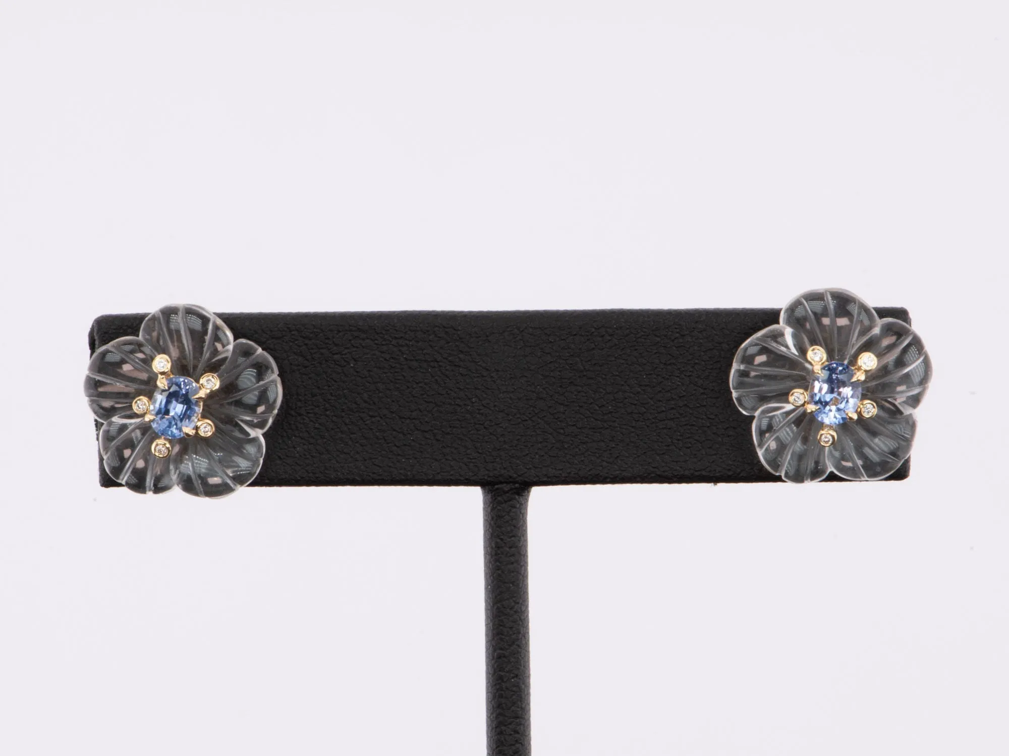 Blue Sapphire and Diamond 18K Gold Earrings Carved Crystal Floral Base R3209