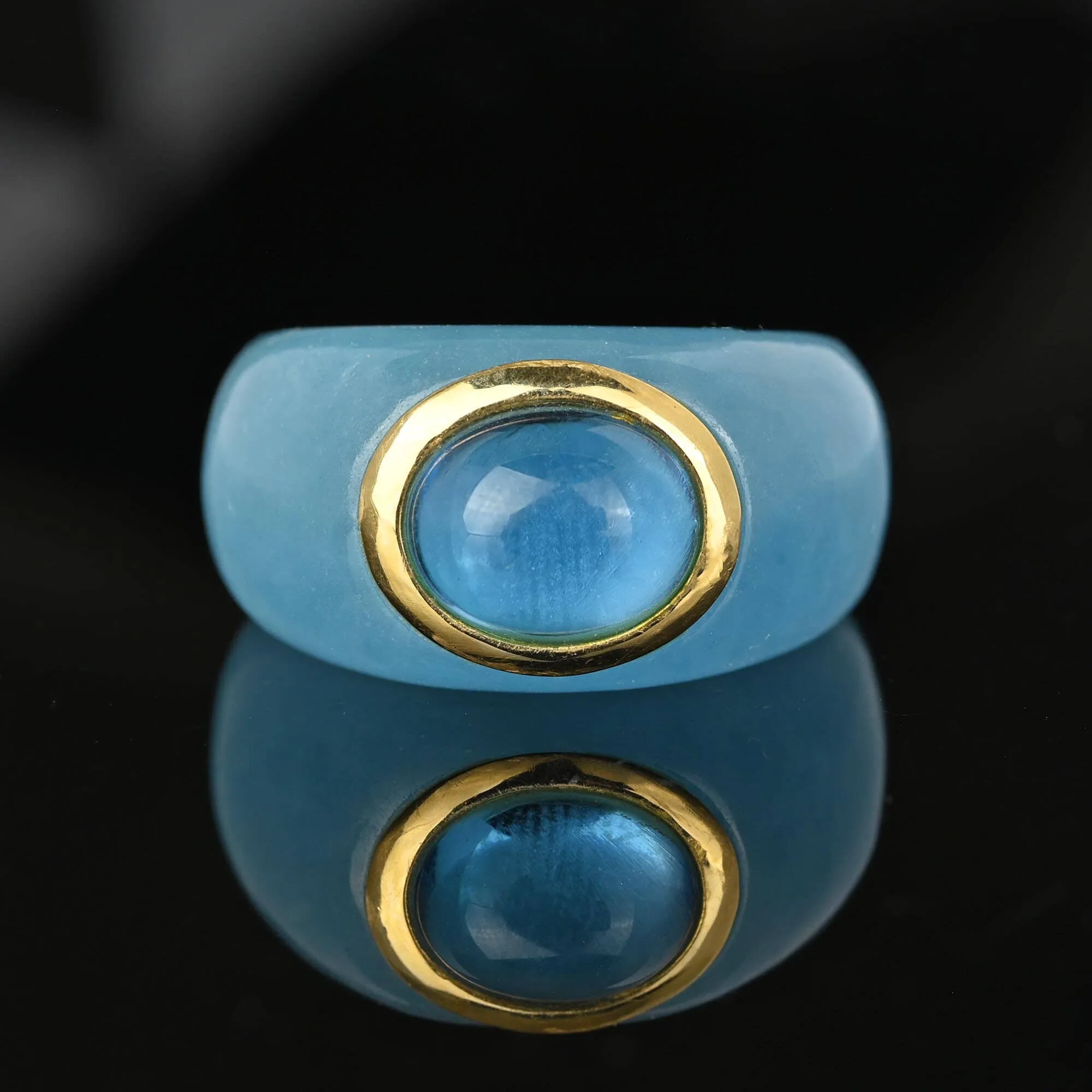 Blue Topaz Cabochon 14K Gold Ring Band, Size 9