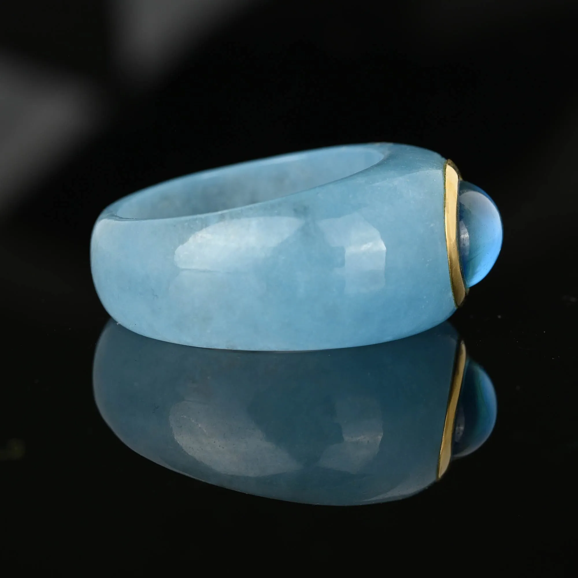 Blue Topaz Cabochon 14K Gold Ring Band, Size 9