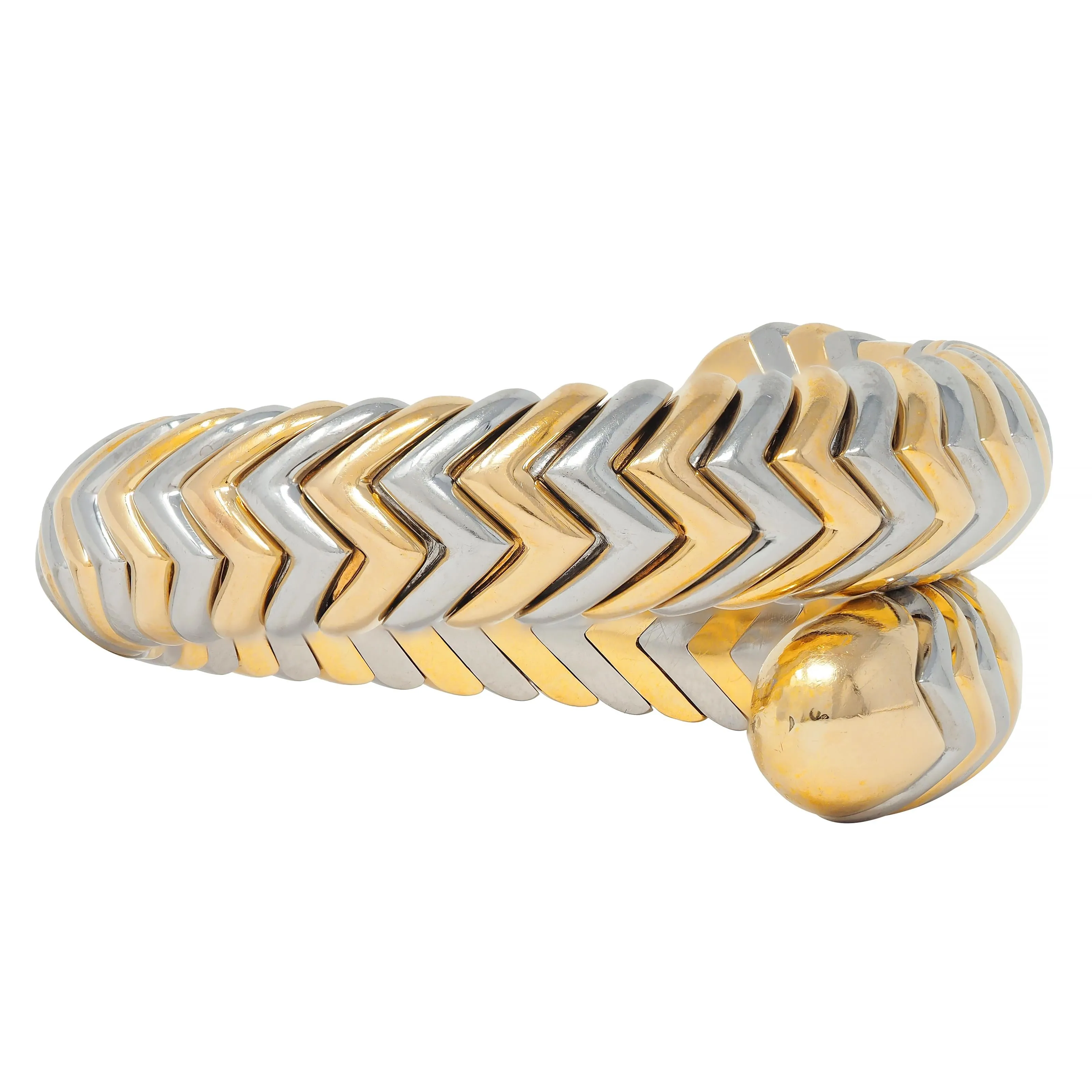 Bulgari 1990's 18 Karat Yellow Gold Stainless Steel Chevron Spiga Wrap Vintage Bangle Bracelet