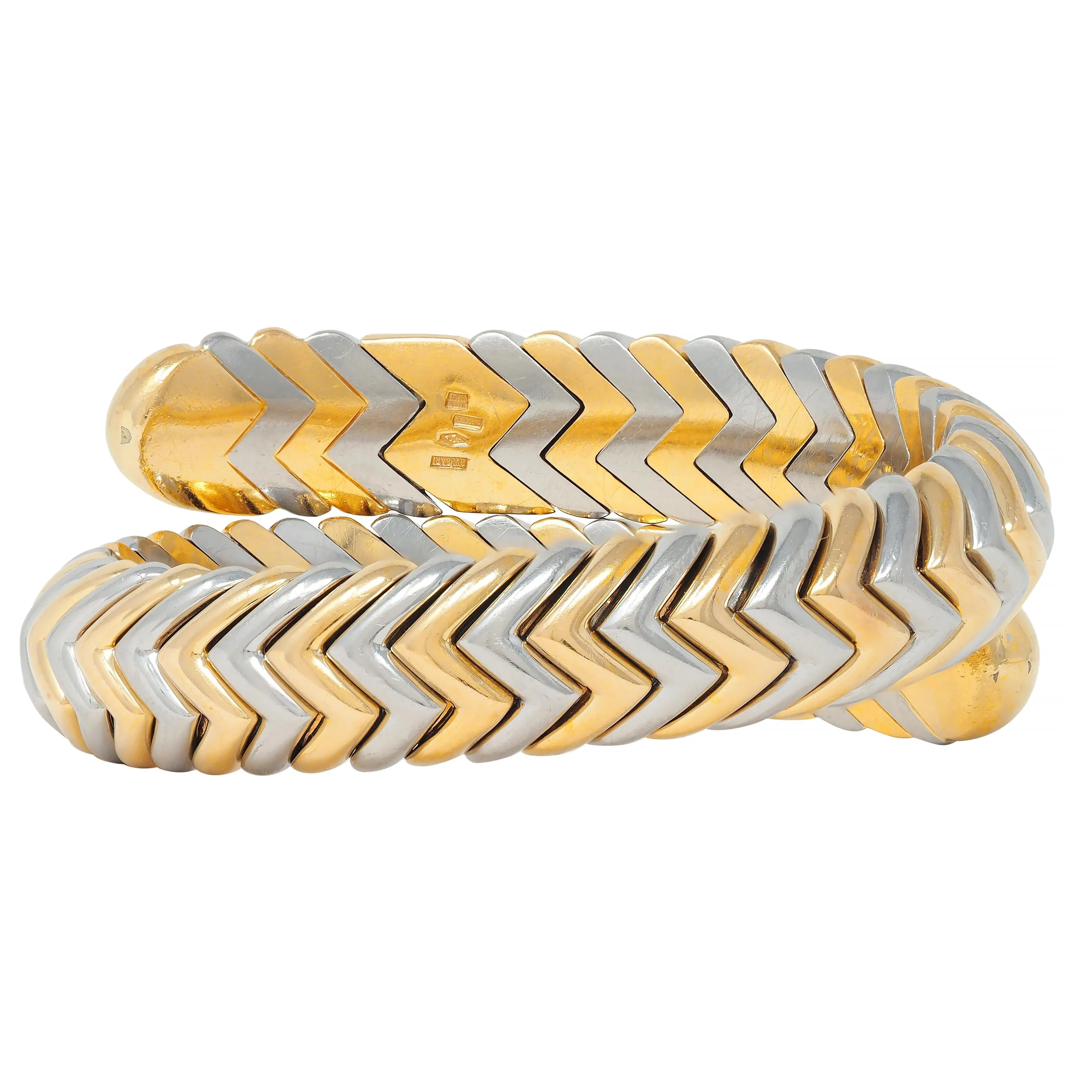 Bulgari 1990's 18 Karat Yellow Gold Stainless Steel Chevron Spiga Wrap Vintage Bangle Bracelet