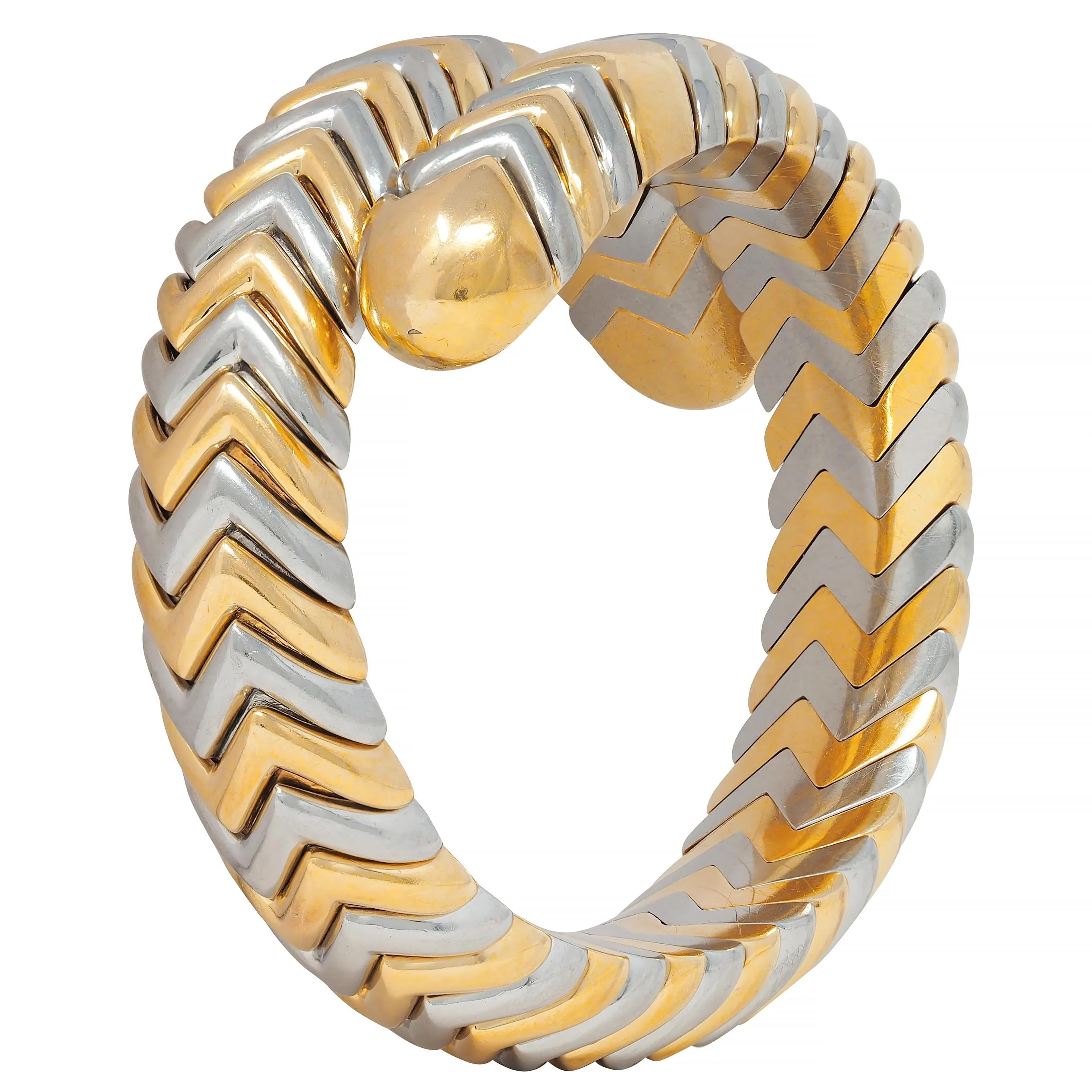 Bulgari 1990's 18 Karat Yellow Gold Stainless Steel Chevron Spiga Wrap Vintage Bangle Bracelet