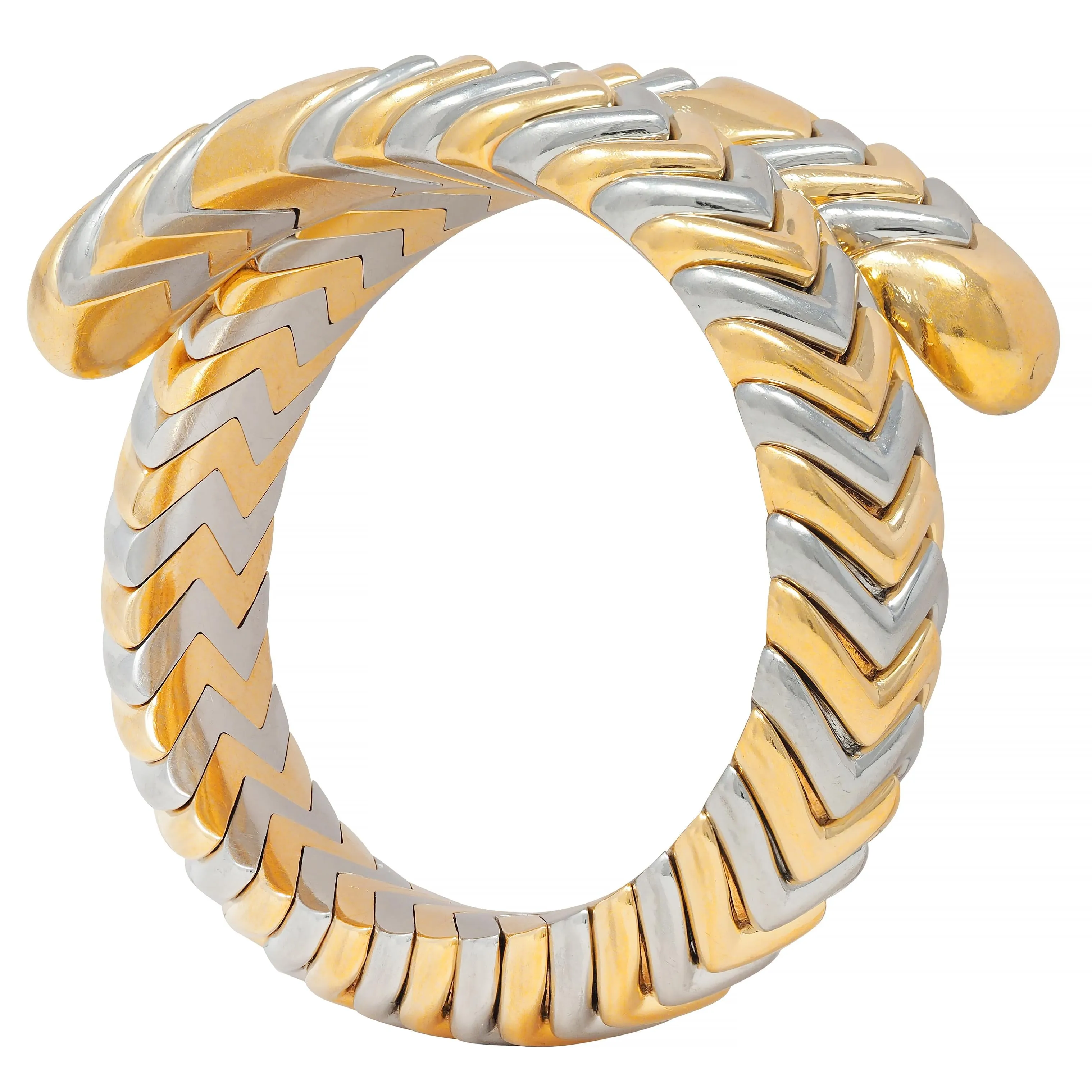 Bulgari 1990's 18 Karat Yellow Gold Stainless Steel Chevron Spiga Wrap Vintage Bangle Bracelet