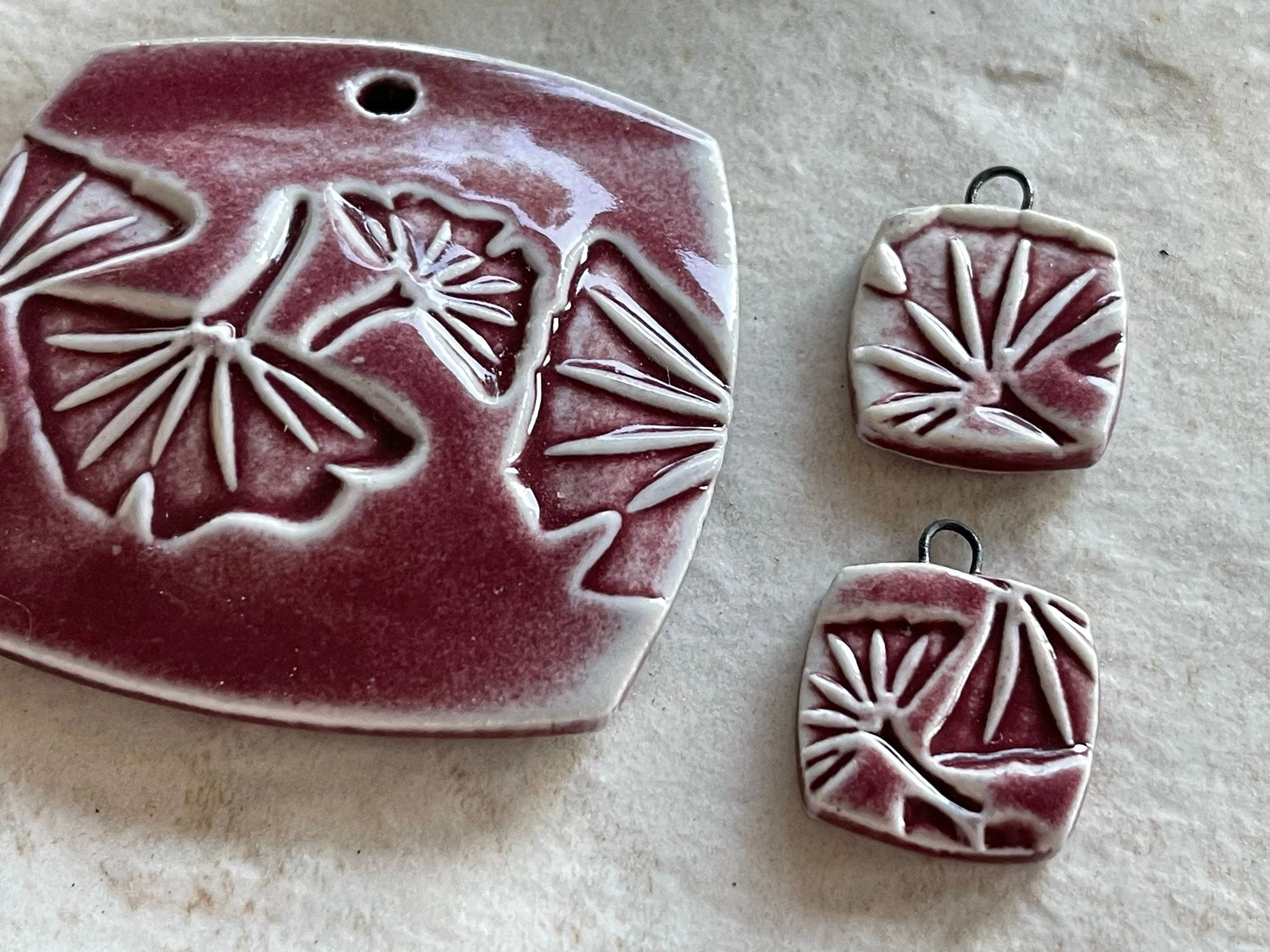 Burgundy Ginkgo Pendant and Charms, Pendant, Obtuse Square, Porcelain Ceramic Pendant, Artisan Pendant, Jewelry Making Component