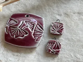 Burgundy Ginkgo Pendant and Charms, Pendant, Obtuse Square, Porcelain Ceramic Pendant, Artisan Pendant, Jewelry Making Component