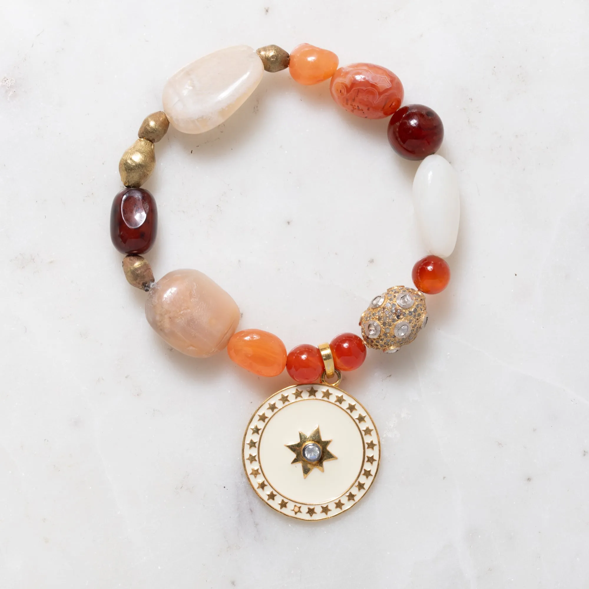 Carnelian, Brass, Moonstone, Diamonds & Enamel