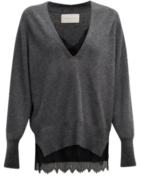 Charcoal Melange Lace Layered Vee Pullover