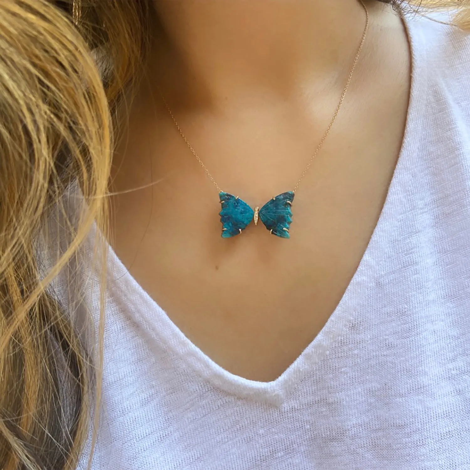 Chrysocolla Butterfly Necklace With Diamonds