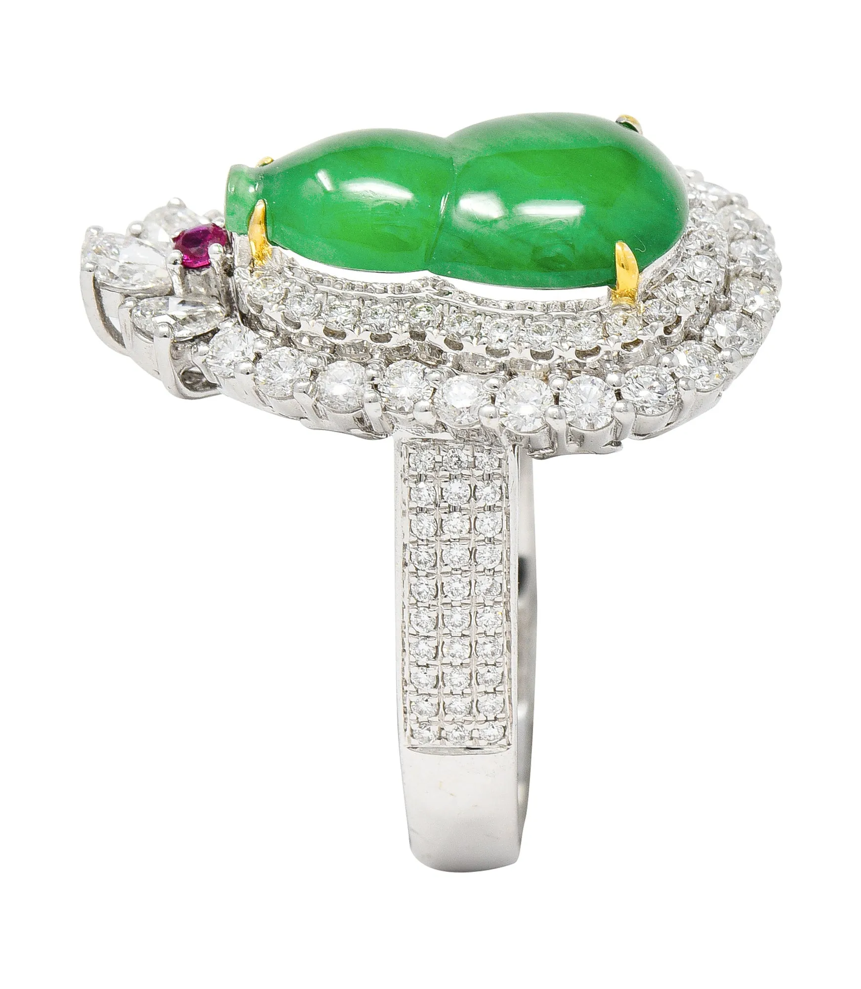 Contemporary 3.95 CTW Carved Jade Ruby Diamond 18 Karat Gold Cluster Ring GIA