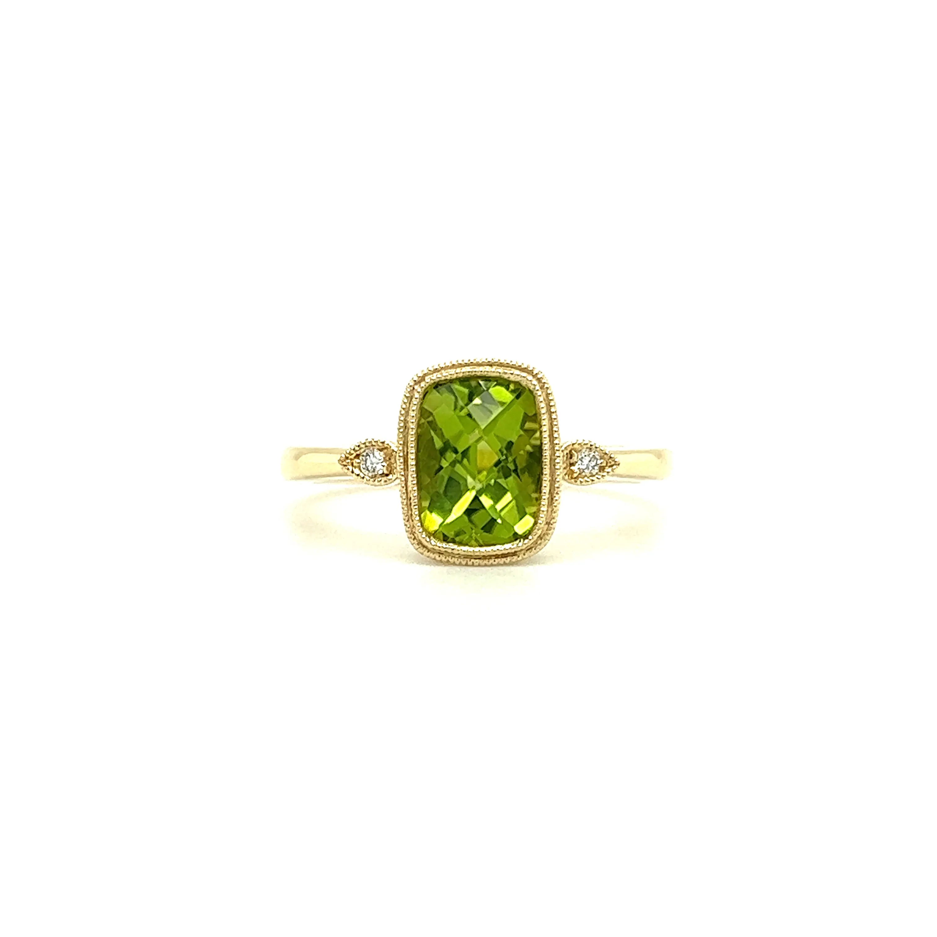 Cushion Peridot Ring with Two Side Diamonds in 14K Yellow Gold