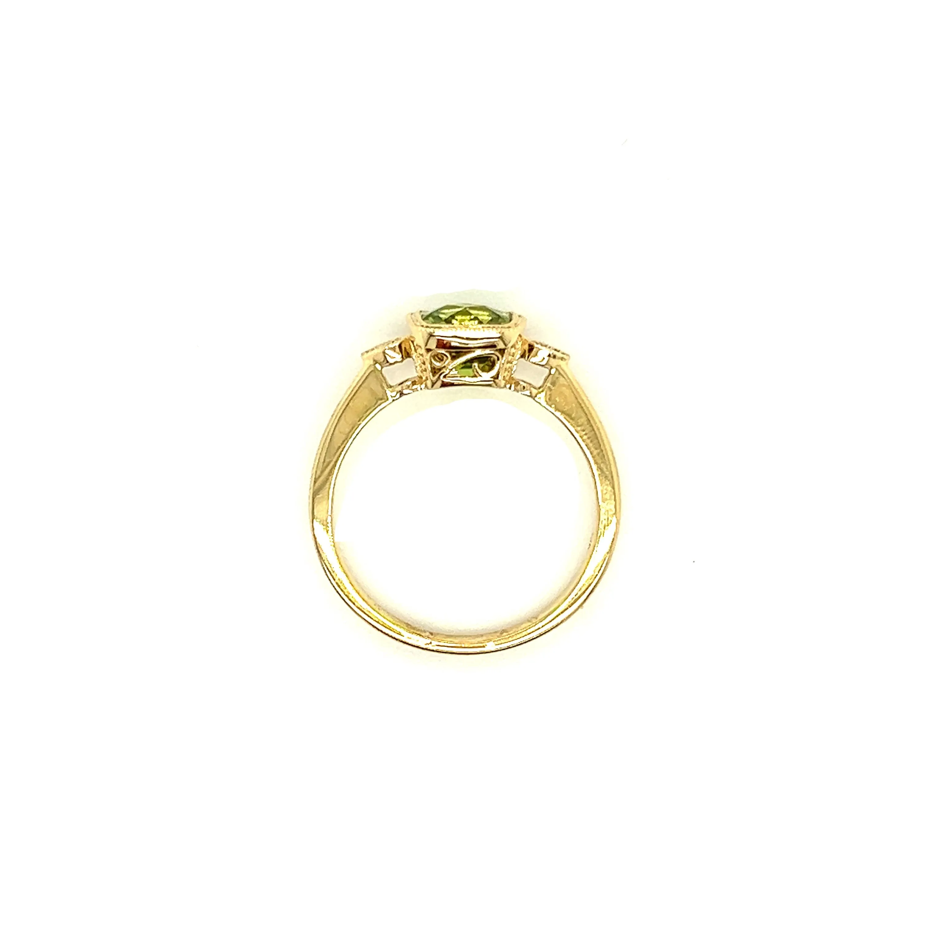 Cushion Peridot Ring with Two Side Diamonds in 14K Yellow Gold