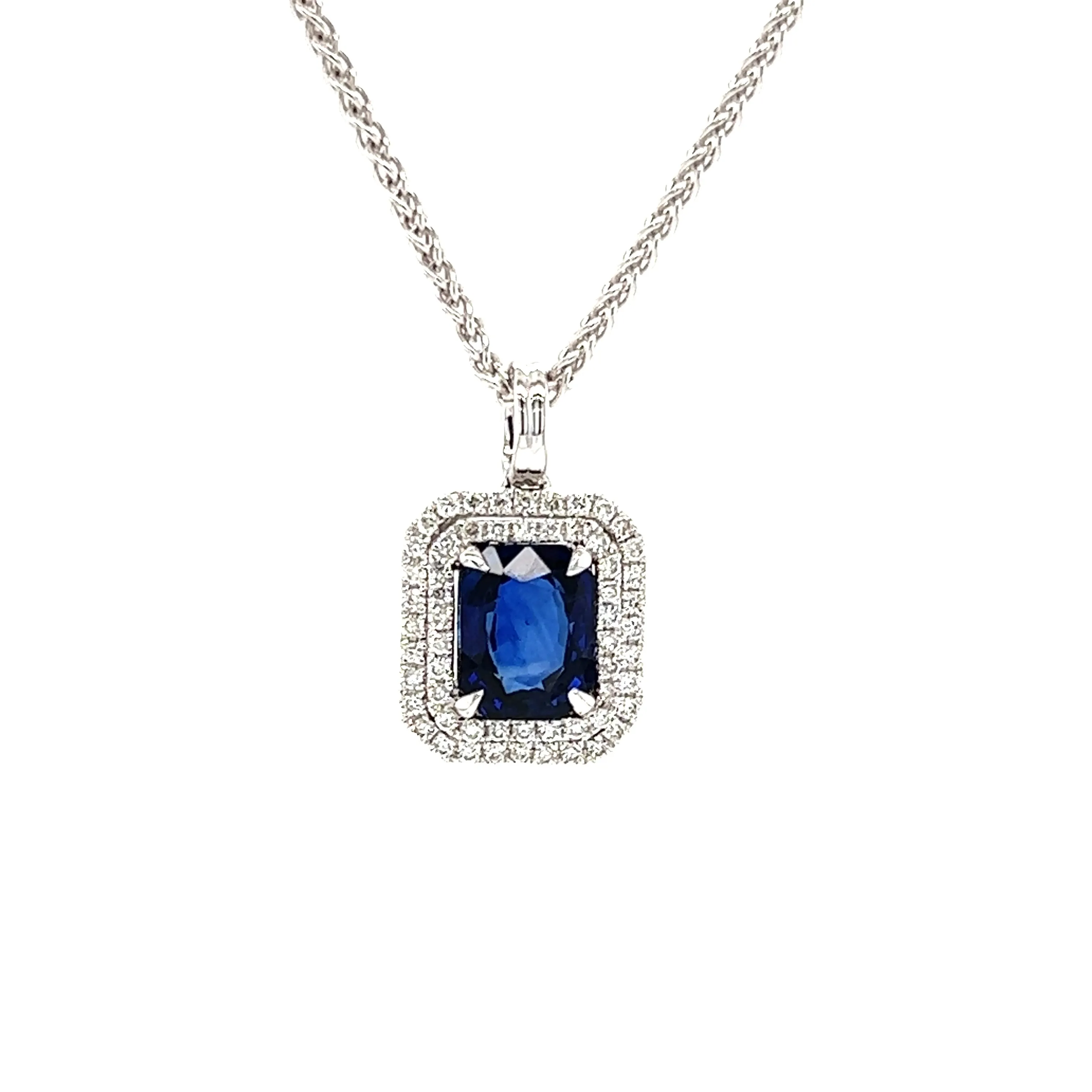 Cushion Sapphire Pendant with Double Diamond Halo in 18K White Gold