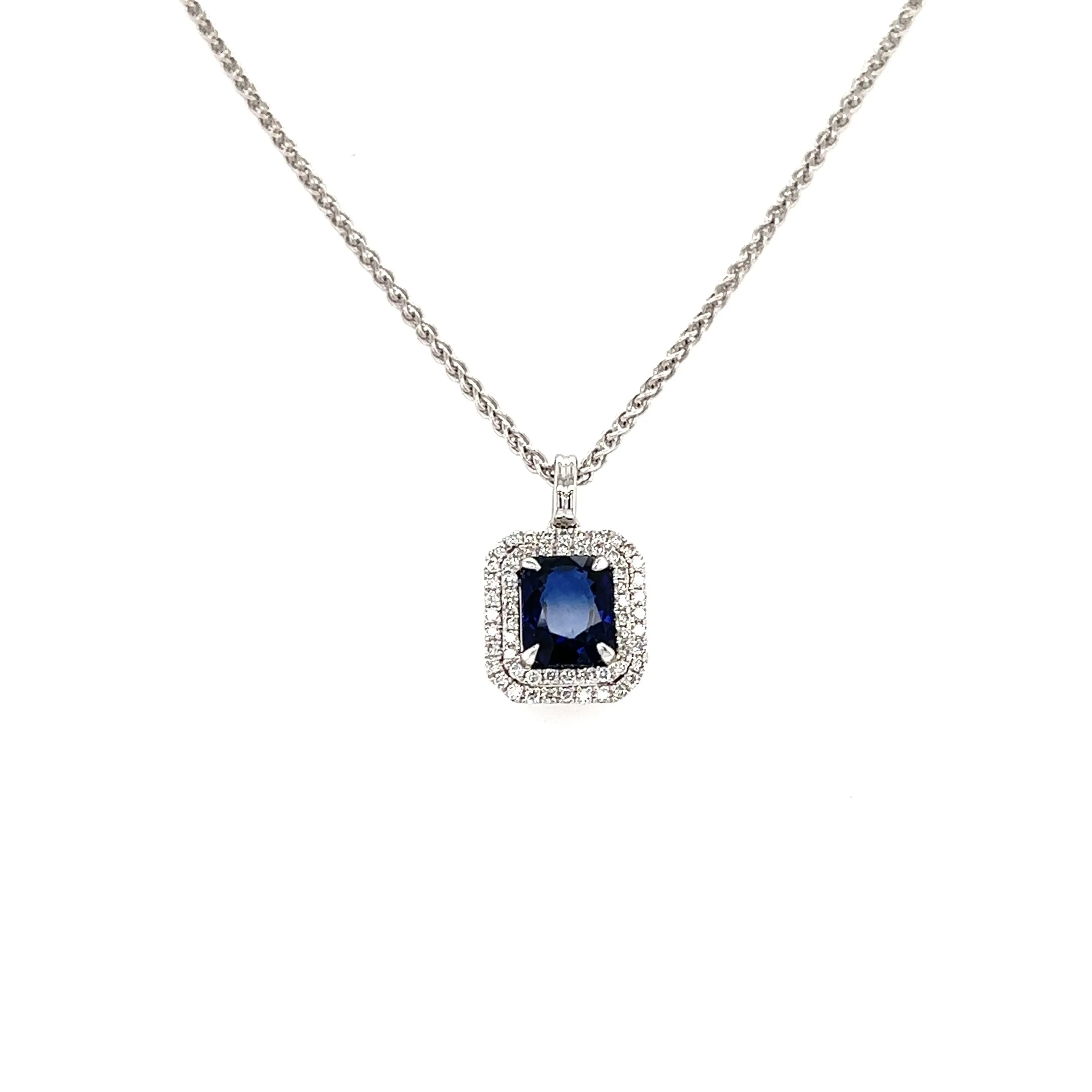 Cushion Sapphire Pendant with Double Diamond Halo in 18K White Gold