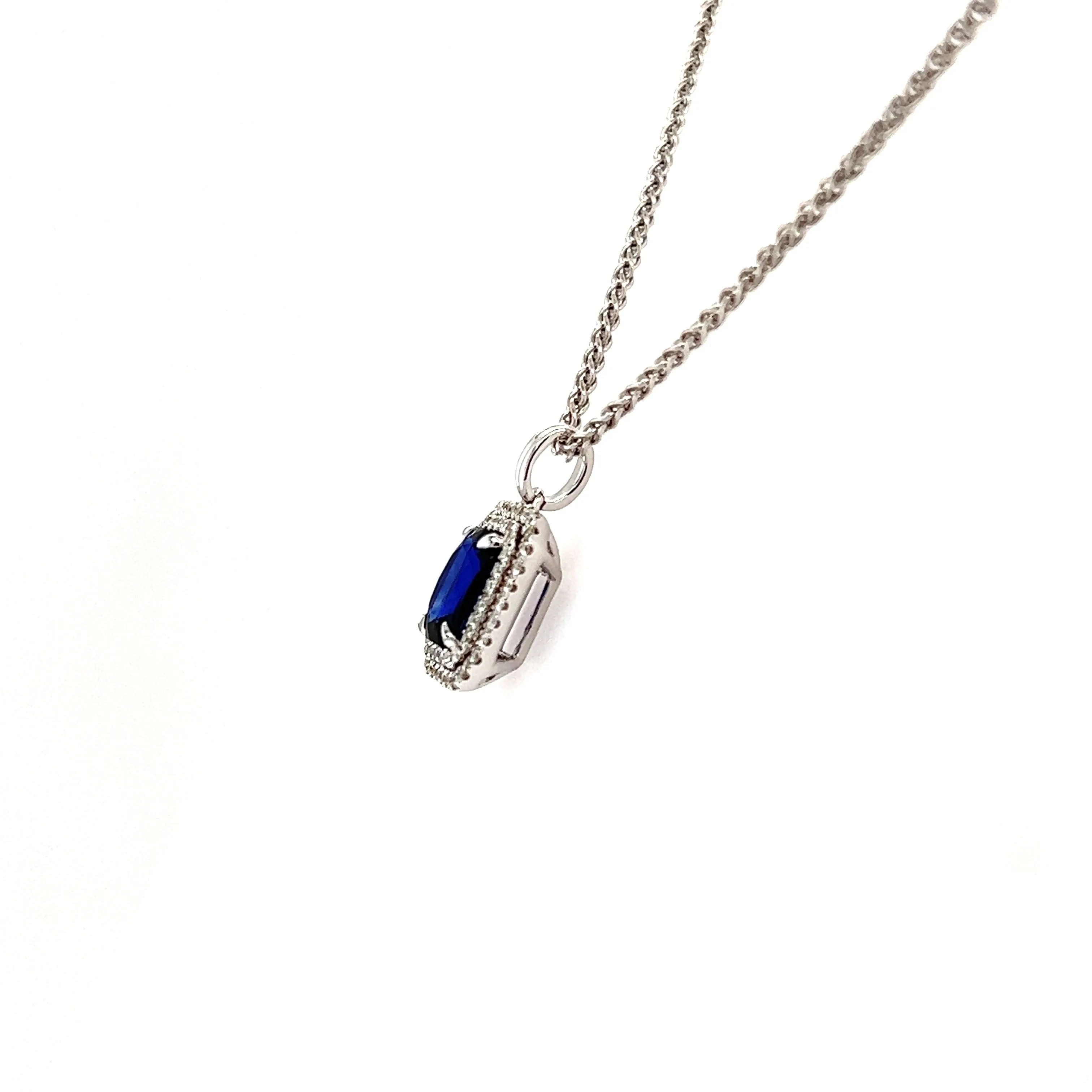 Cushion Sapphire Pendant with Double Diamond Halo in 18K White Gold