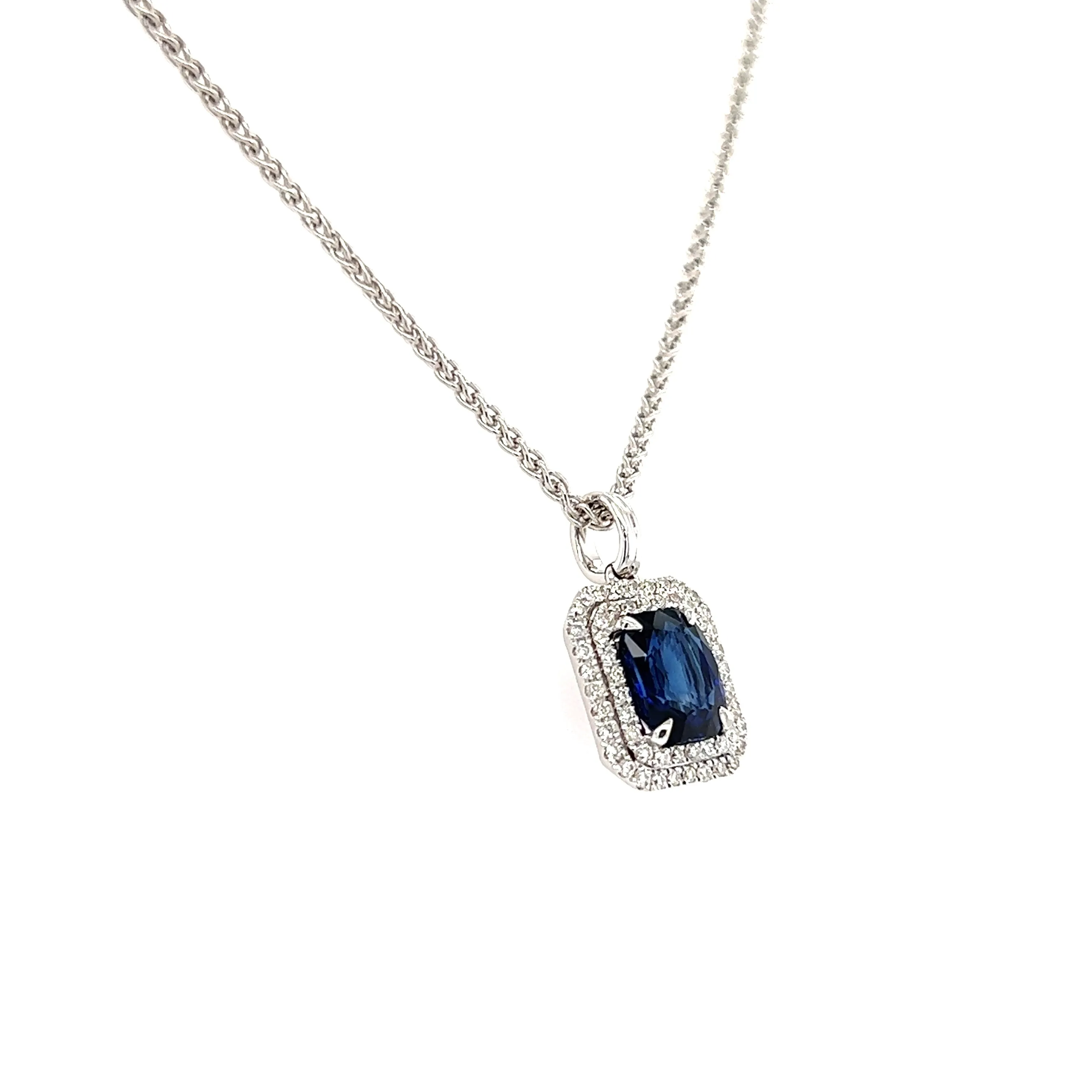 Cushion Sapphire Pendant with Double Diamond Halo in 18K White Gold