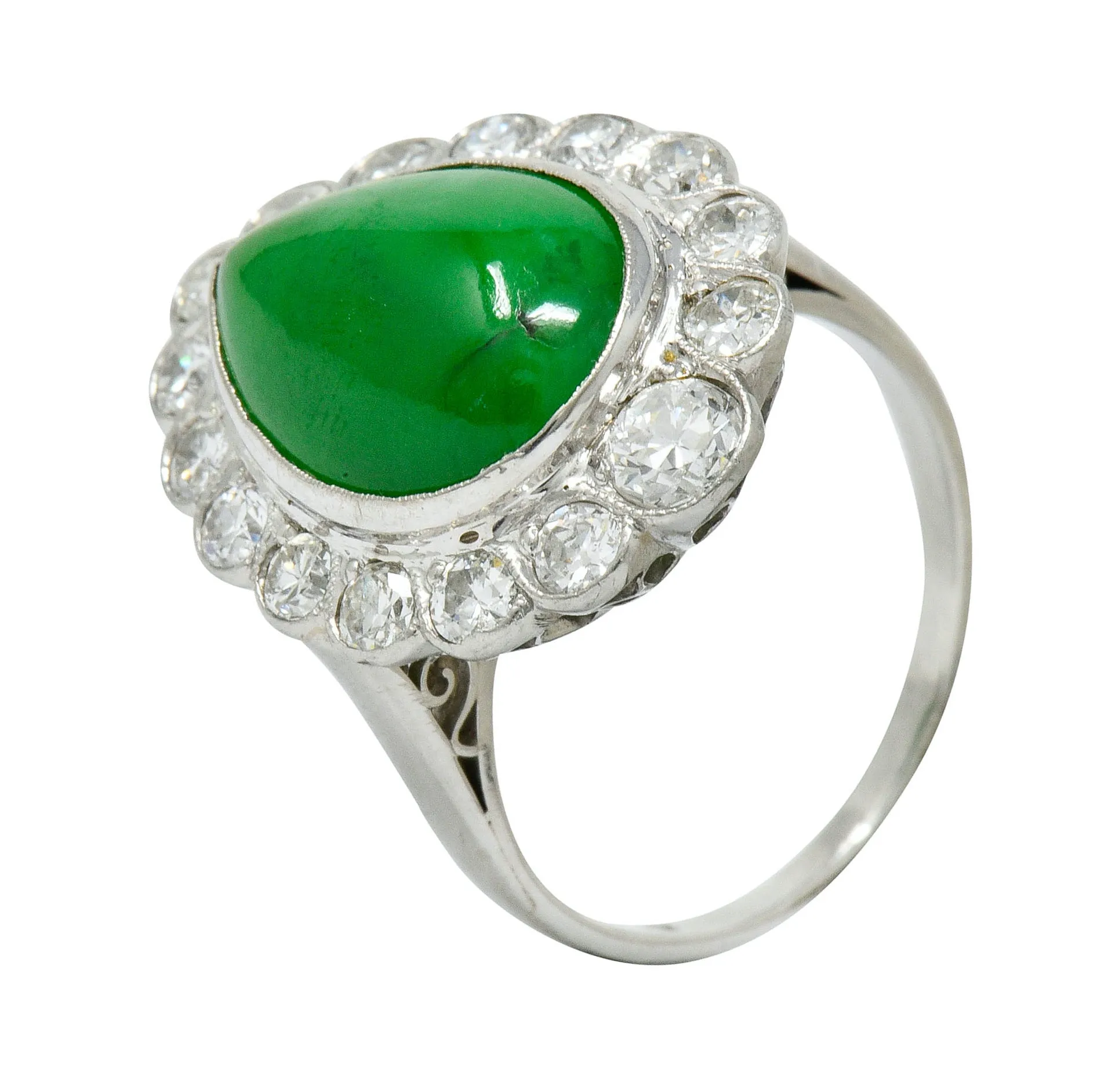 Deco Jadeite Jade Diamond Platinum Pear Cluster Ring GIA