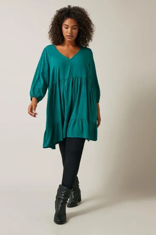 Evans Jade Green Tiered Frill Hem Tunic Top