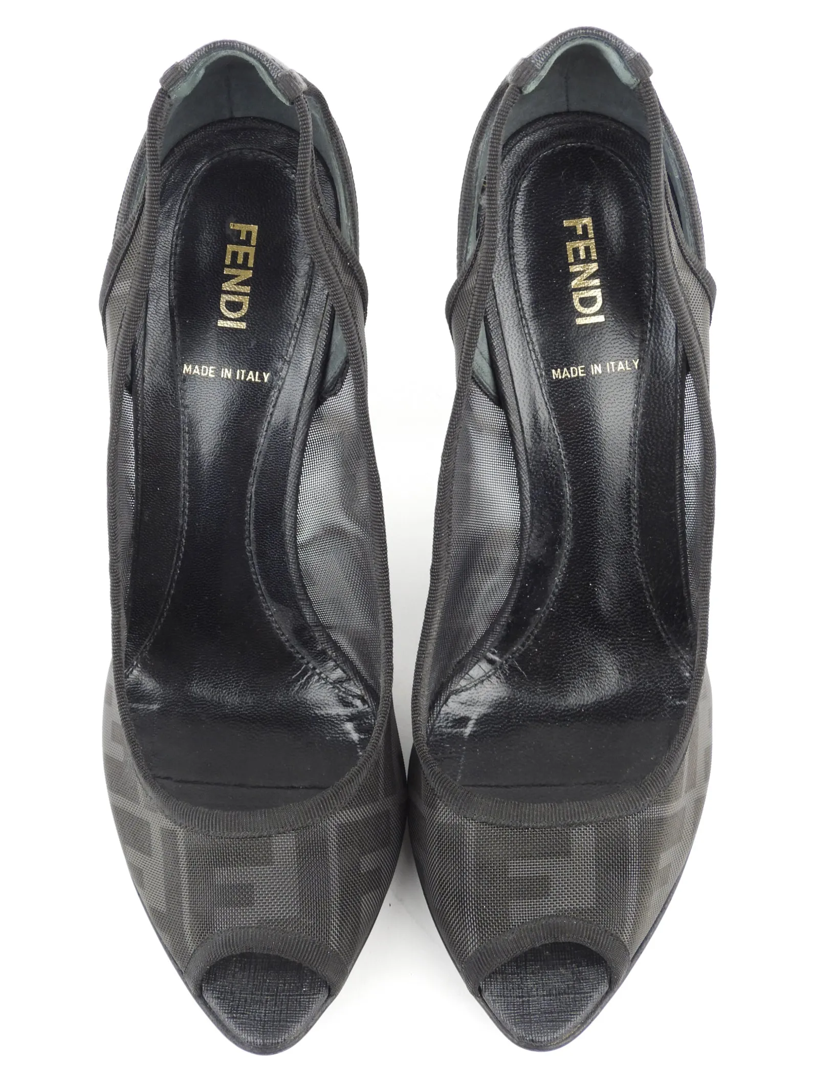 Fendi Black Zucca Monogram Mesh Peep Toe Cut Out Pumps