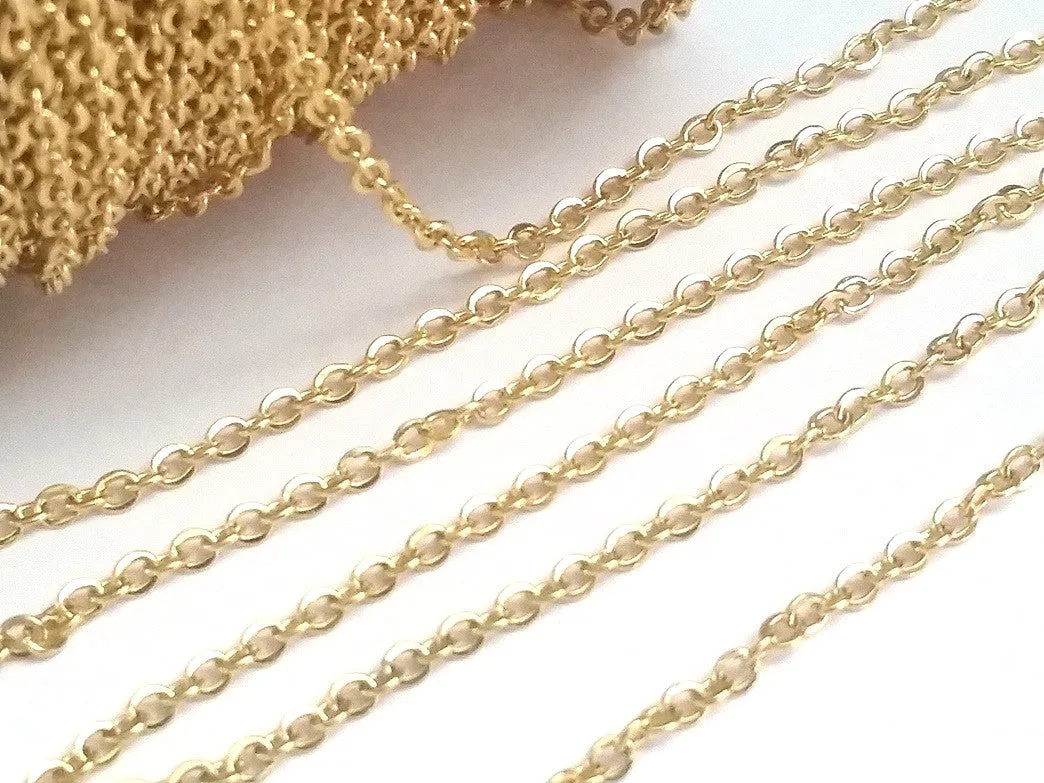 Fine Gold Stainless Chain, 3x2mm Flattened Oval Links, Bulk 50 Meters on a Spool, #1909 G