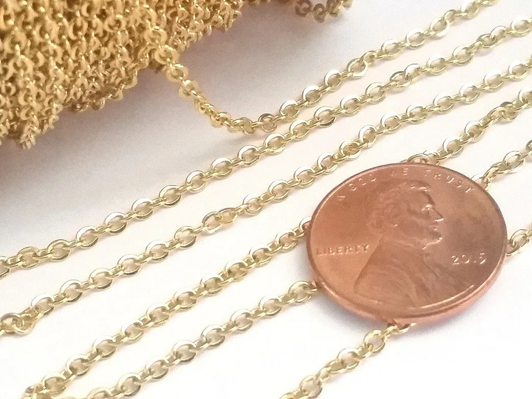 Fine Gold Stainless Chain, 3x2mm Flattened Oval Links, Bulk 50 Meters on a Spool, #1909 G