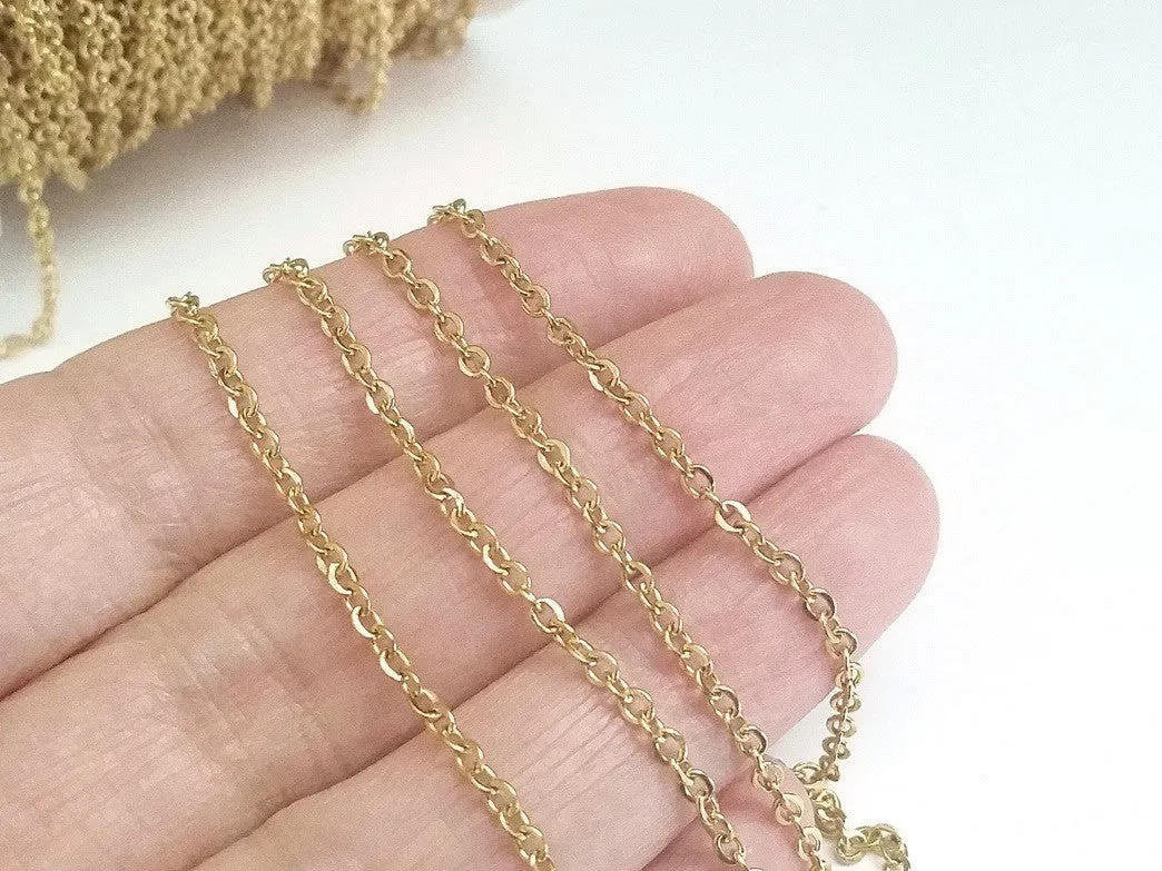 Fine Gold Stainless Chain, 3x2mm Flattened Oval Links, Bulk 50 Meters on a Spool, #1909 G