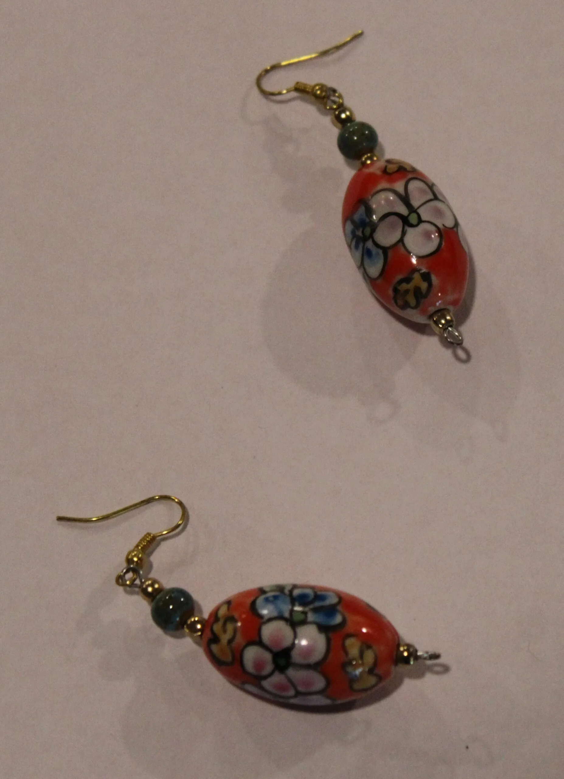 Hand Painted Glass Bead Pierced Drop Earrings with Accent Jade Bead