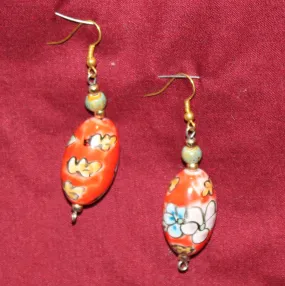 Hand Painted Glass Bead Pierced Drop Earrings with Accent Jade Bead