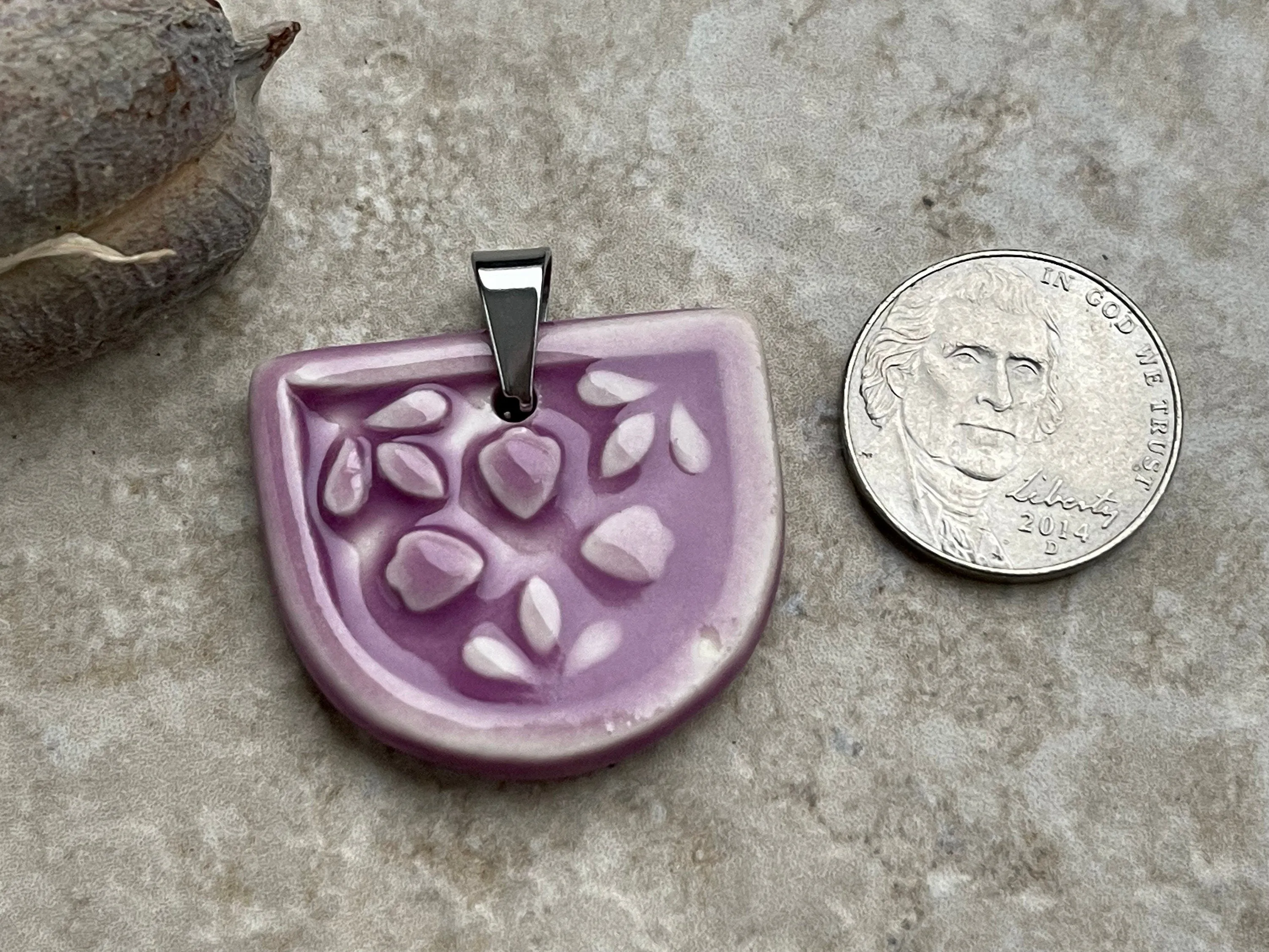 Heart Half Circle Pendant, Purple Heart Pendant, Porcelain Ceramic Pendant, Violet Pendant, Jewelry Making Components